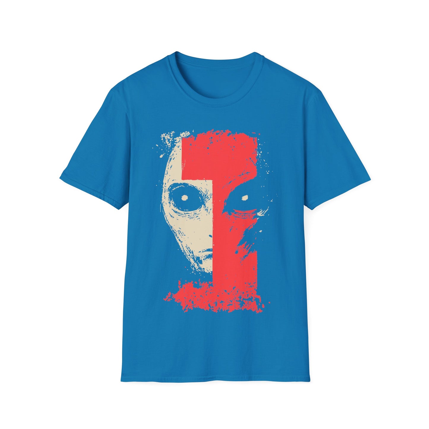 Alien Face t-shirt design, featuring a split face alien portrait in pale beige and distressed red with oversized eyes in a bold minimalist sci-fi illustration on a sapphire background