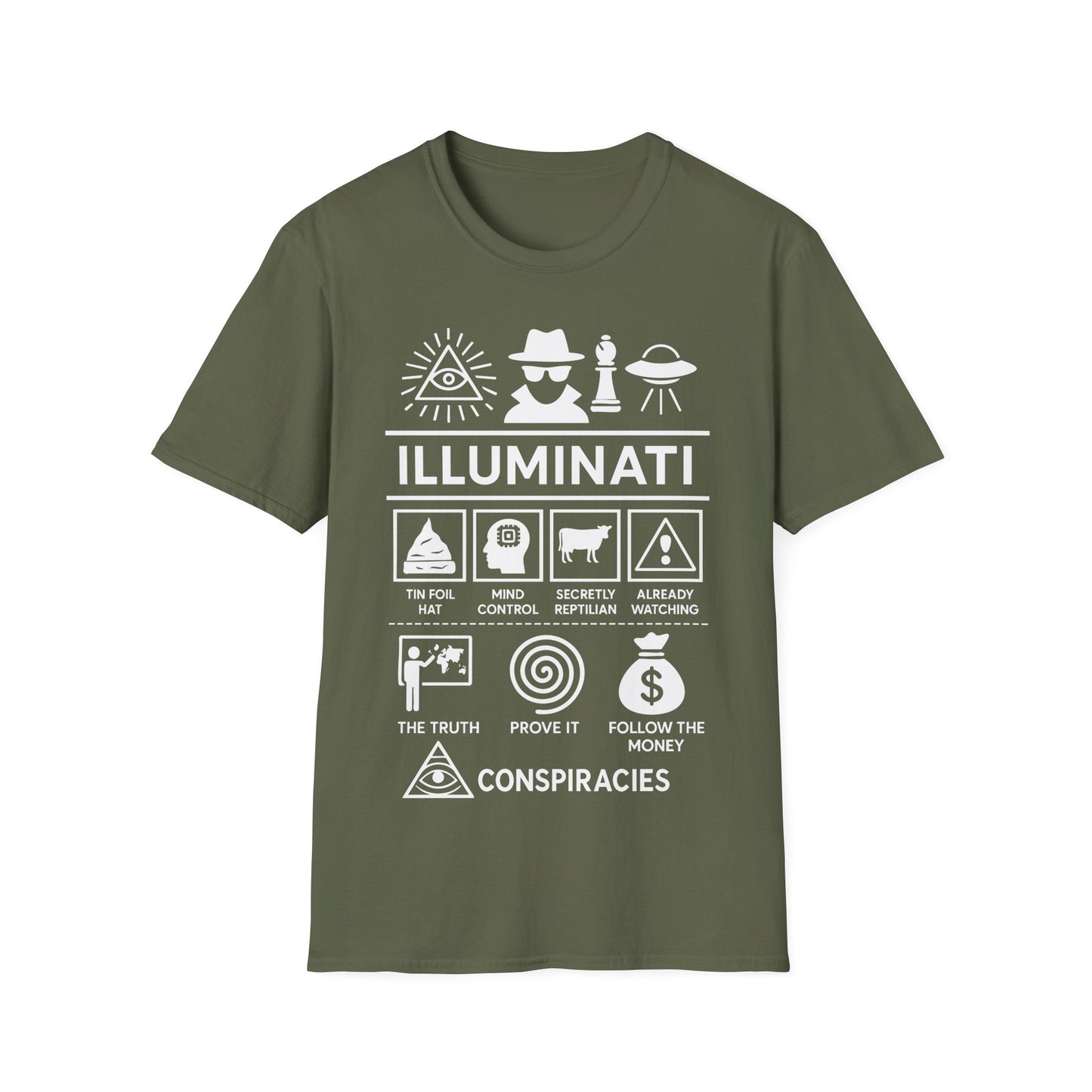 Illuminati Icon Based t-shirt design, featuring bold white Illuminati lettering with all-seeing eye, secret figure, UFO, and humorous conspiracy-themed icon panels in a monochrome infographic style on a military green background