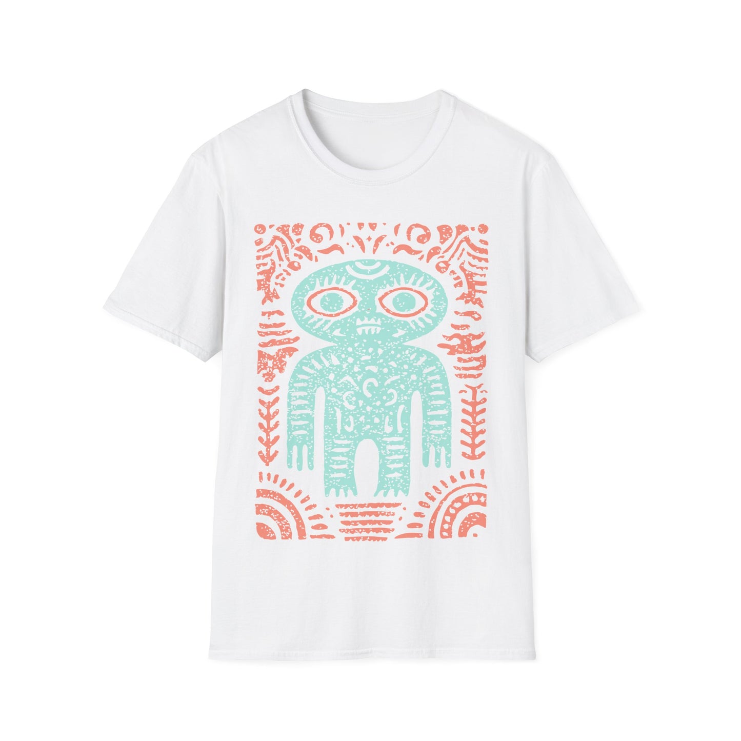 Ancient alien glyph t-shirt design with turquoise Inca-style alien figure and coral tribal patterns on white t-shirt