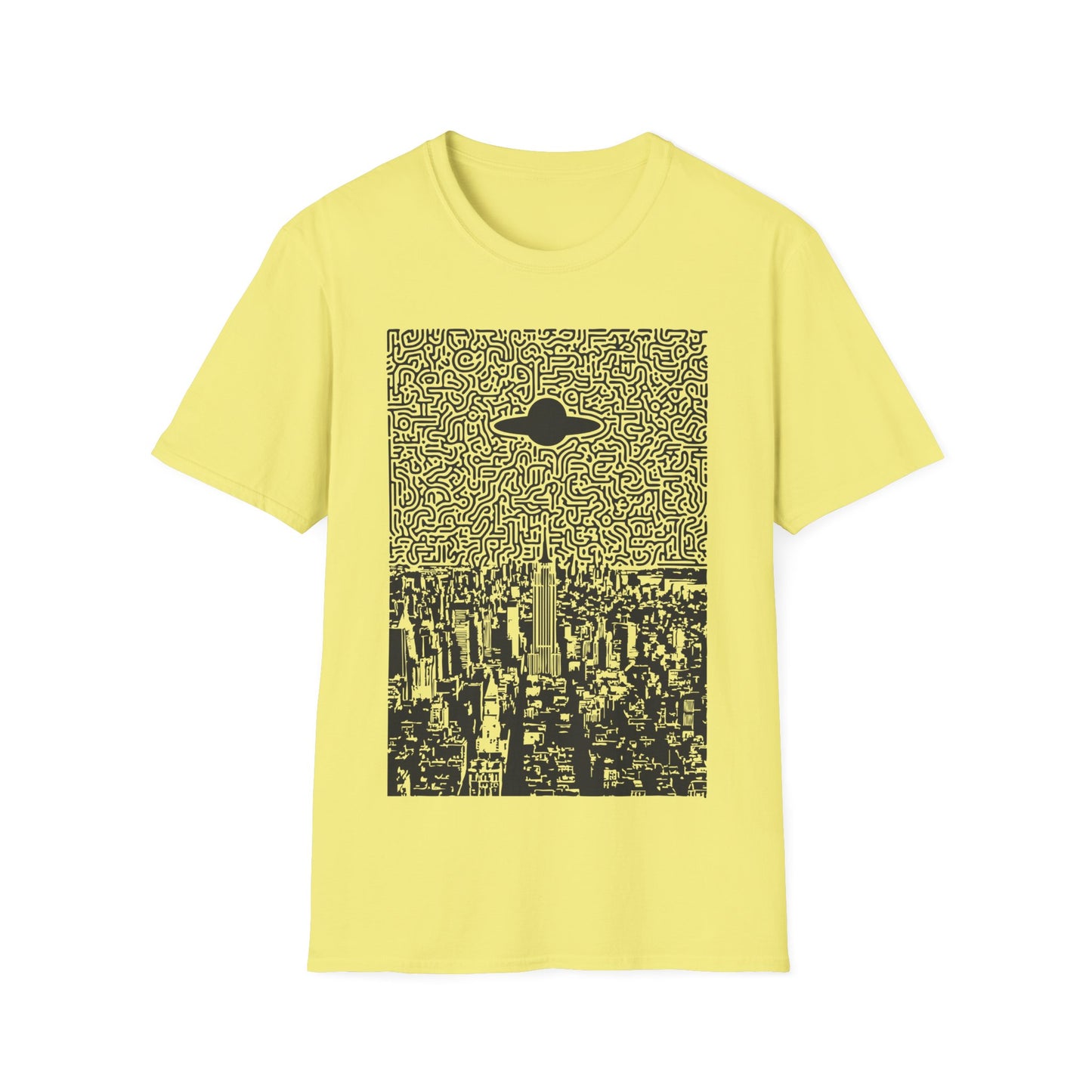 UFO over New York t-shirt design with flying saucer hovering above New York City skyline and abstract maze-pattern night sky on yellow t-shirt