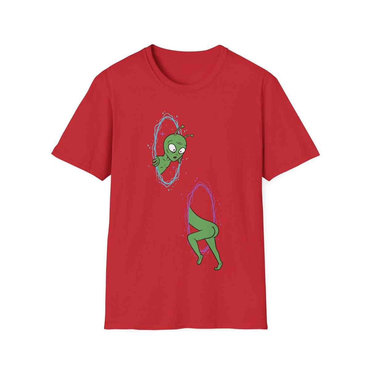 The Portal t-shirt design, featuring a confused green alien awkwardly passing through two glowing cosmic portals, with its head emerging from one and body disappearing into another in a funny cartoon style on a red background