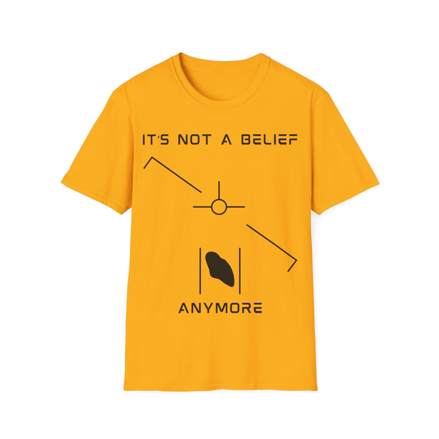 It’s Not a Belief Anymore t-shirt design, featuring minimalist white UFO sighting symbols with angled lines, central circular marker, and abstract glowing object on a yellow background