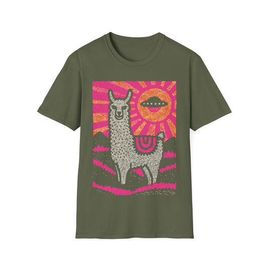 Alpaca UFO design with cute alpaca in pink pop art landscape and flying saucer sun in the sky on green t-shirt