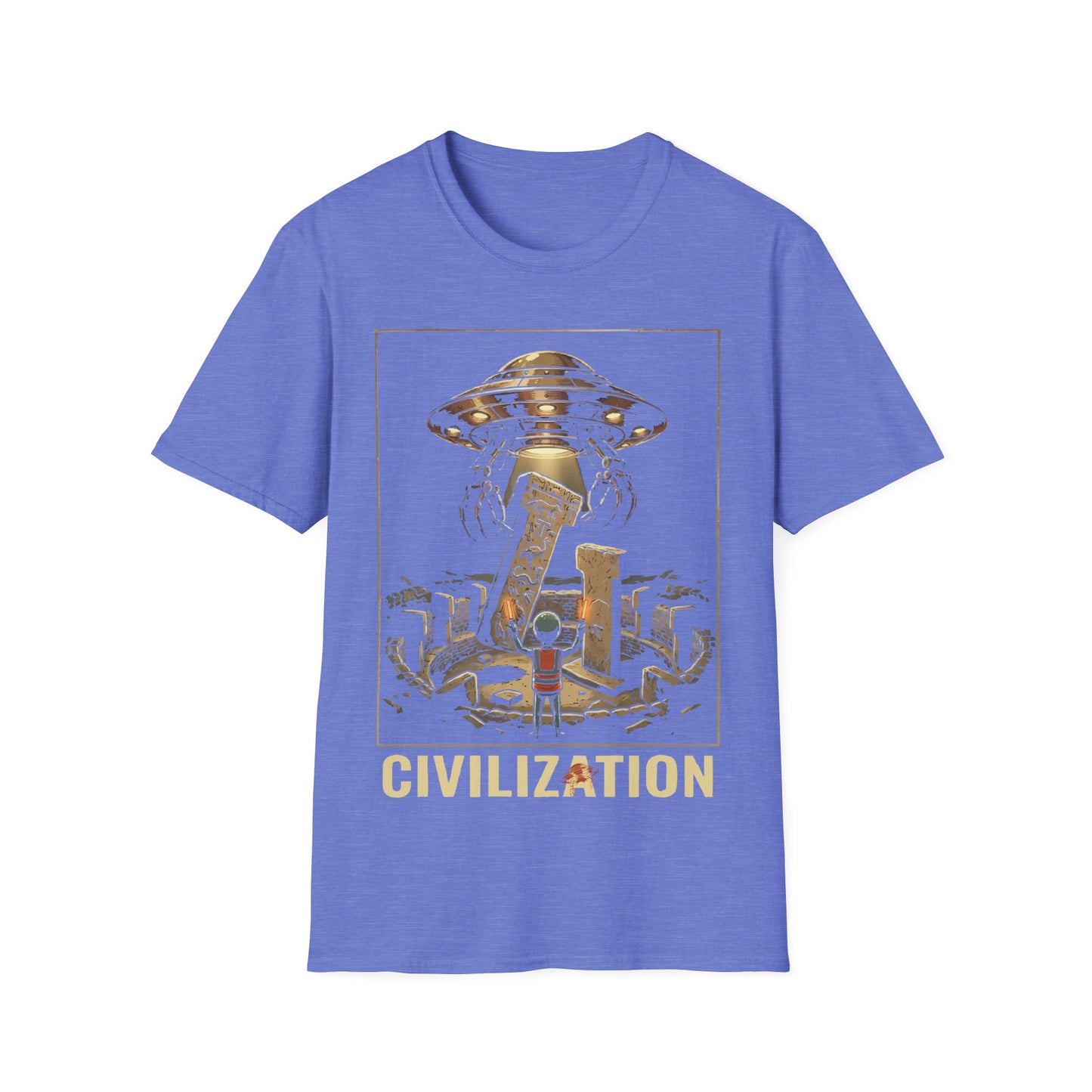 Gobeklitepe Construction t-shirt design, featuring a small alien overseeing a hovering UFO lifting carved stone pillars above an ancient circular site including word 'Civilization' in a retro sci-fi illustration on a heather royal blue background