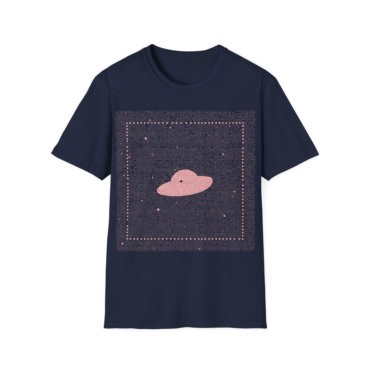 UFO Dream t-shirt design, featuring a minimalist pink flying saucer floating in a dense dotted star field, framed by a subtle square border and scattered stars in a dreamy retro cosmic style on a navy blue background