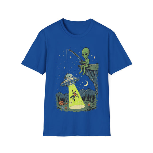 A royal blue short-sleeve crewneck t-shirt featuring a colorful graphic print of an alien fishing with a UFO spotlight at night.