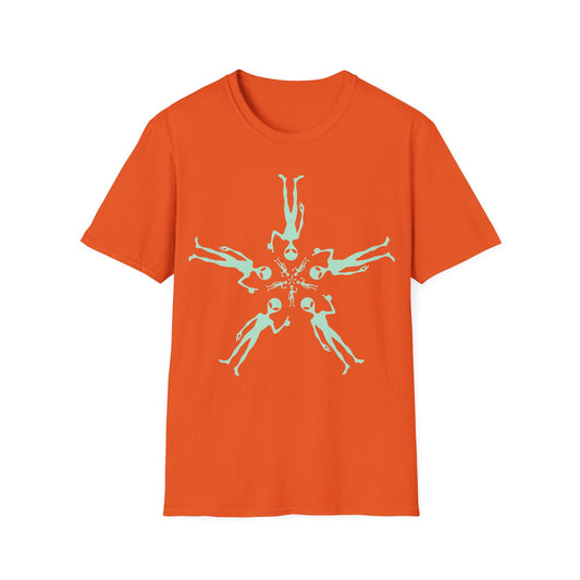 Alien Flower t-shirt design, featuring five alien figures arranged in a symmetrical radial formation around a cluster of smaller aliens on an orange background