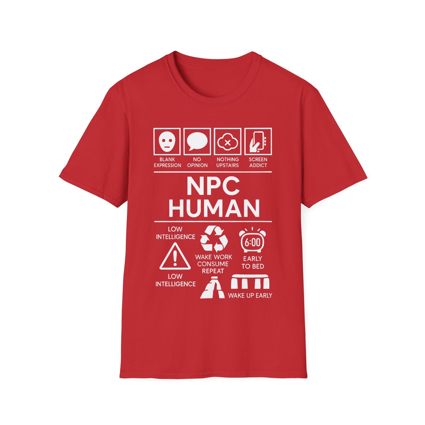 NPC Human Icon Based t-shirt design, featuring bold white NPC Human lettering with blank face, speech bubble, phone, warning symbol, alarm clock, and satirical human-behavior icon panels in a monochrome infographic style on a red background