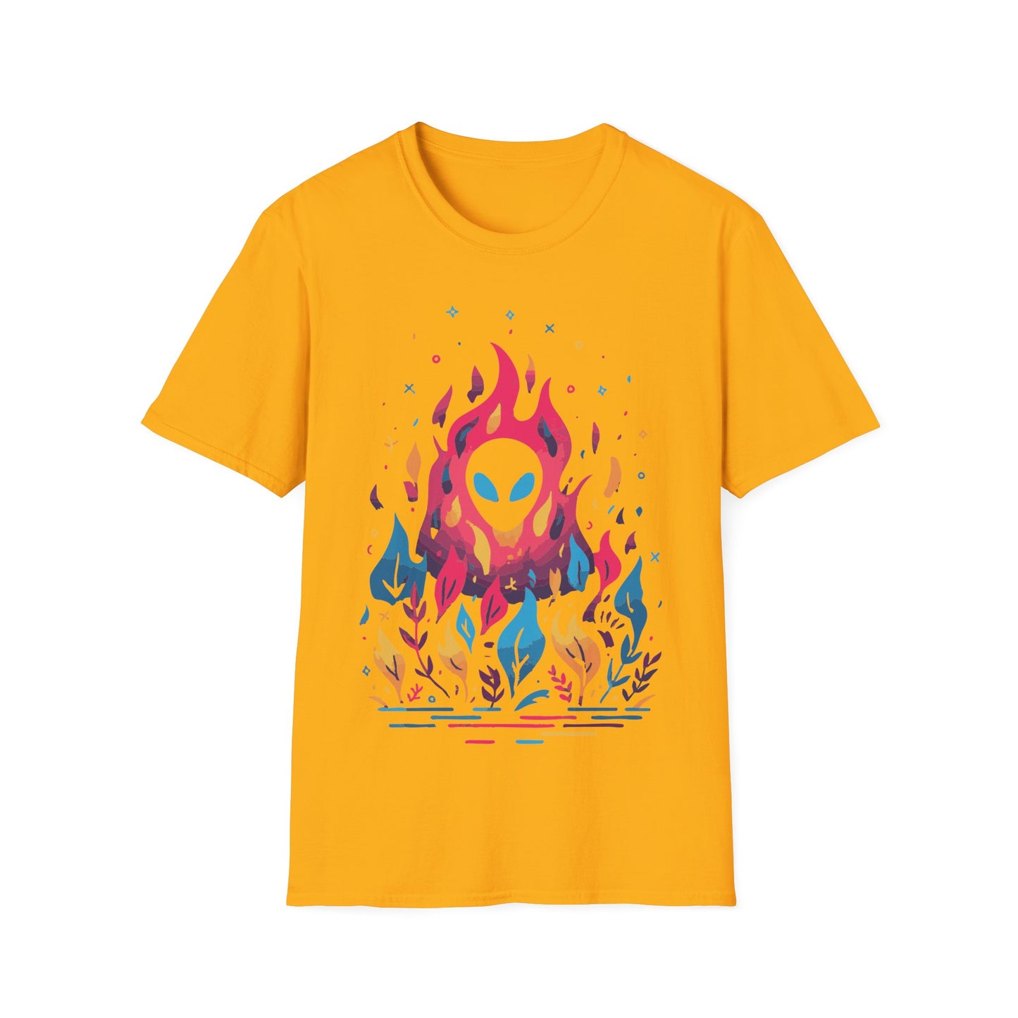 Neon Alien Fire and Botanicals t-shirt design, featuring an alien face with glowing blue eyes emerging from vivid pink flames surrounded by colorful blue, yellow, and purple botanical elements on a yellow background