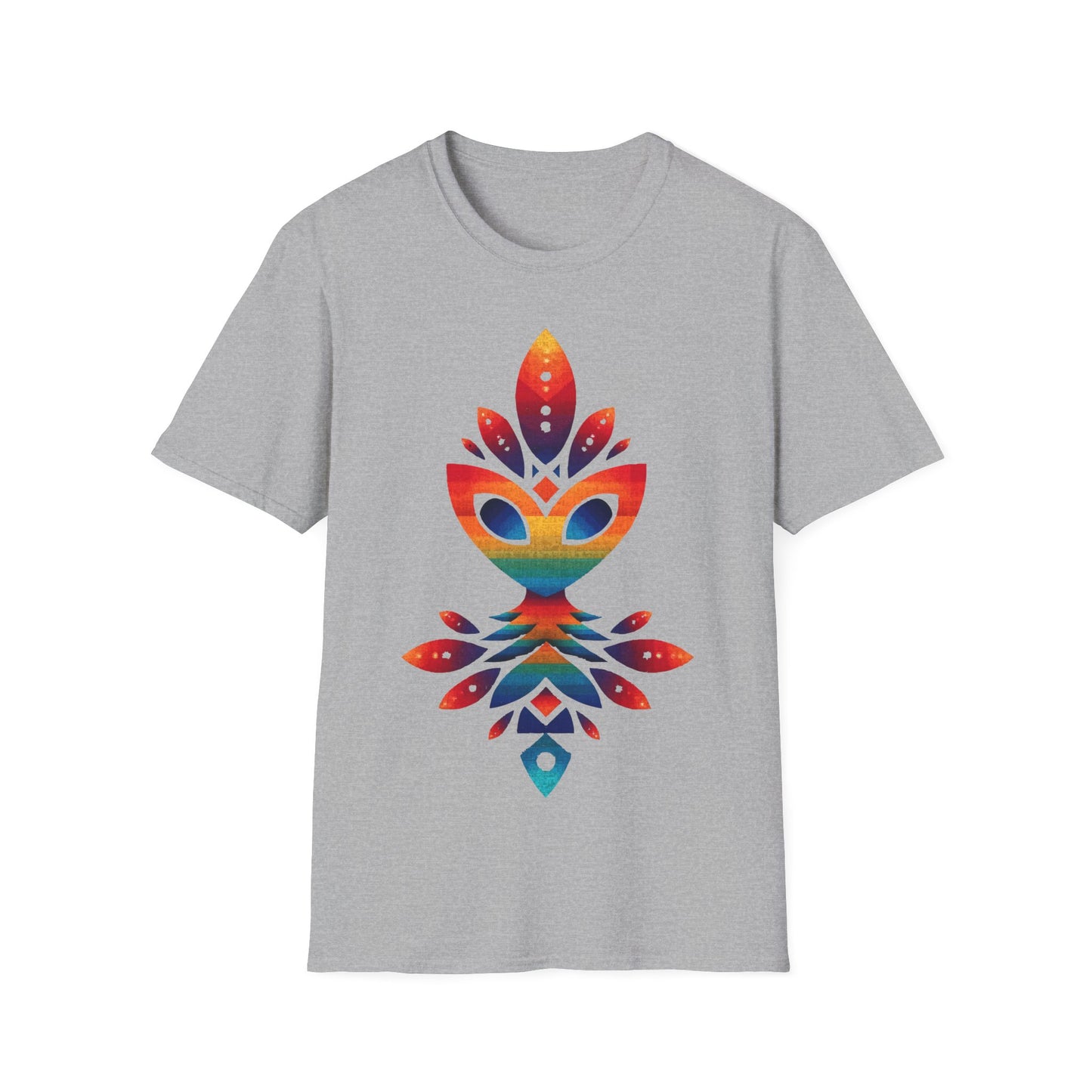 Rainbow Alien Totem t-shirt design, featuring a stylized rainbow-gradient alien face merged with symmetrical totemic leaf and geometric shapes in a vibrant psychedelic illustration on a sport grey background