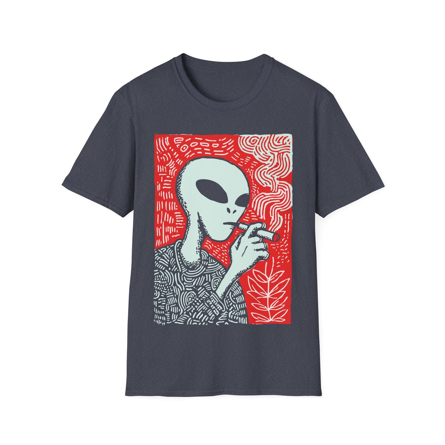 Alien smoking 420 design with cool grey alien holding a lit joint on gray t-shirt
