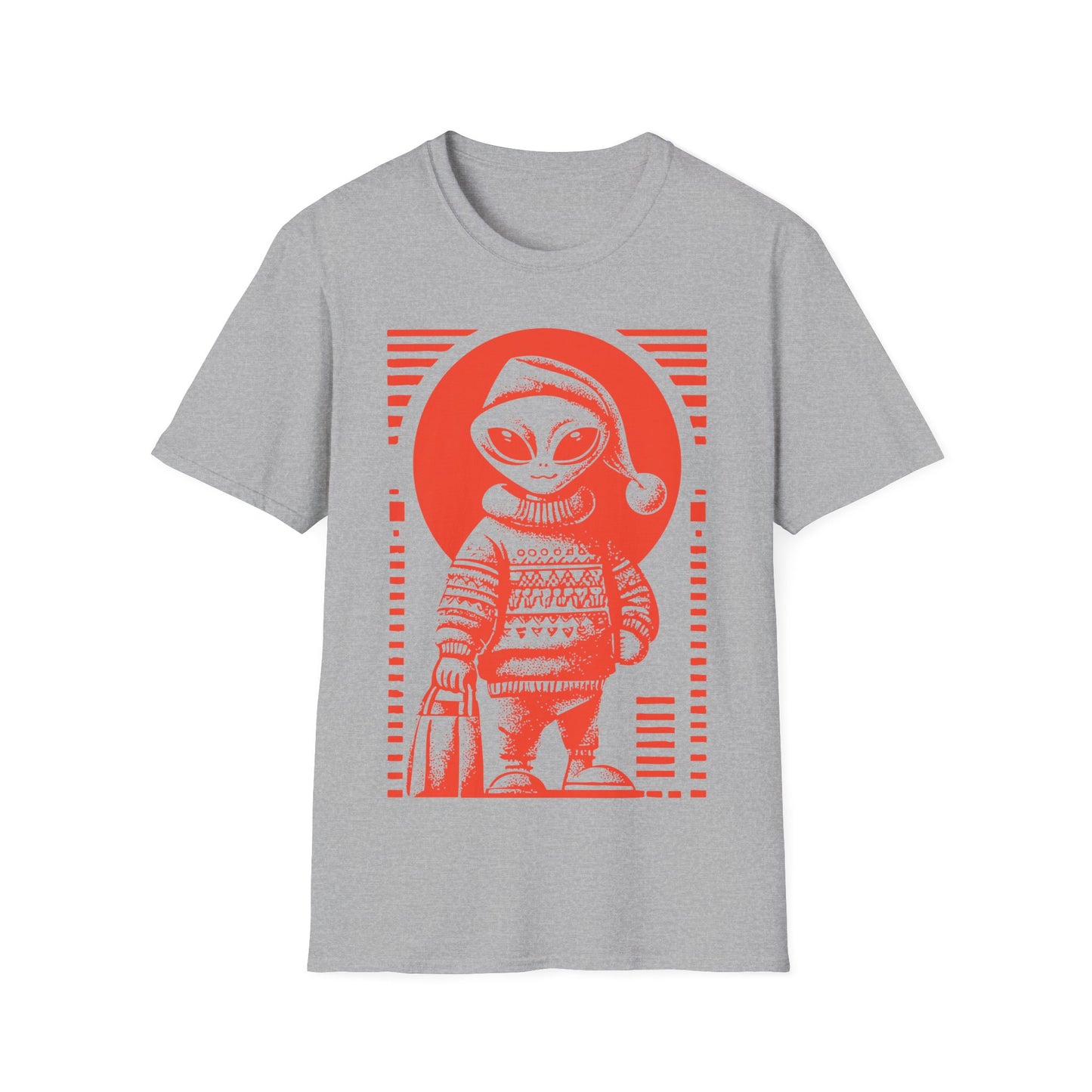 Holiday Shopper Alien t-shirt design, featuring a festive grey alien in Santa hat and patterned winter sweater carrying a shopping bag in bold illustration on a sport grey background