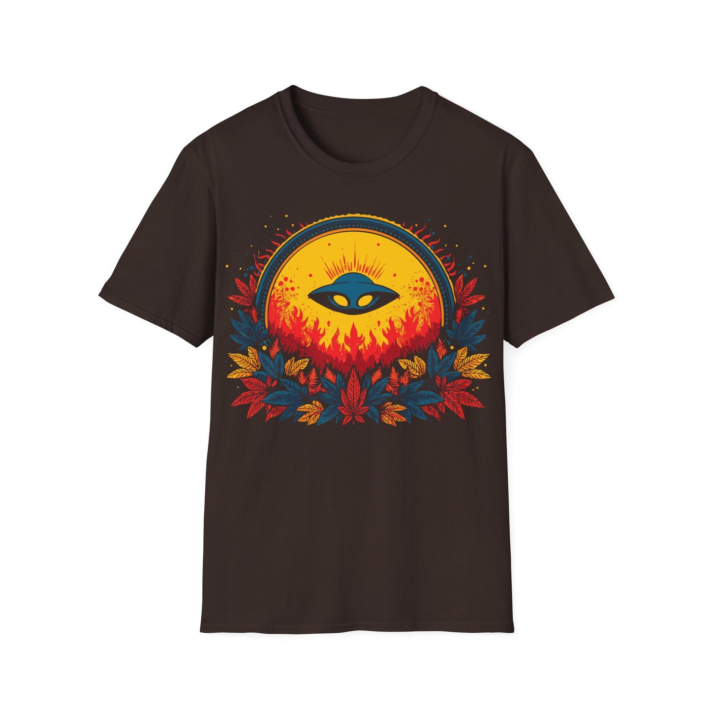 UFO Sun Fire t-shirt design, featuring a blue flying saucer silhouetted against a glowing golden sun with red flames and vibrant red, blue, and yellow foliage on a dark chocolate brown background