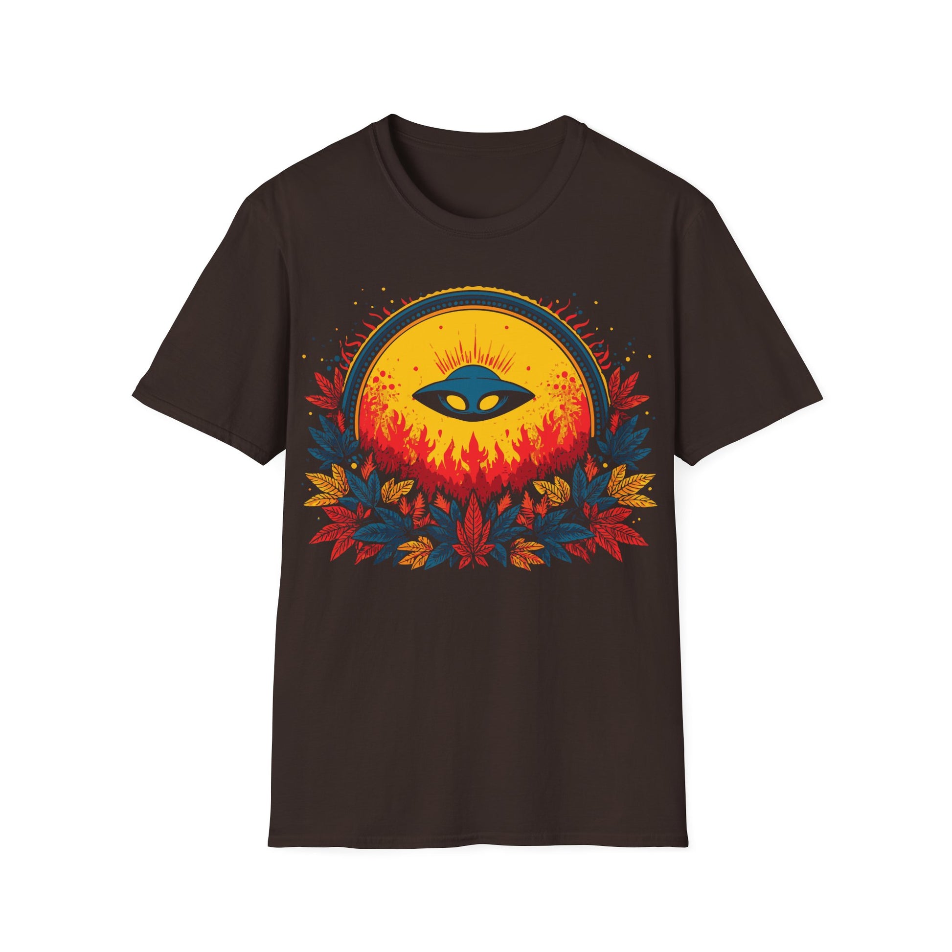 UFO Sun Fire t-shirt design, featuring a blue flying saucer silhouetted against a glowing golden sun with red flames and vibrant red, blue, and yellow foliage on a dark chocolate brown background