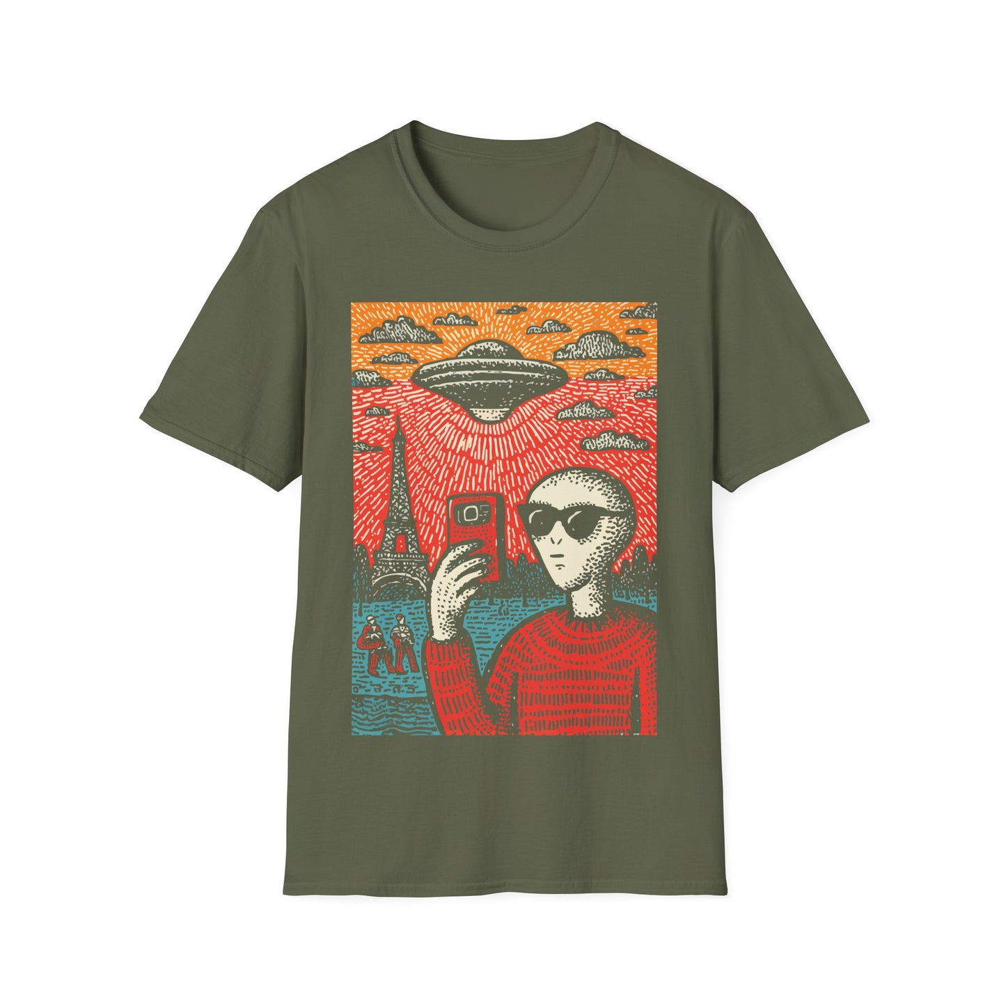 Alien Invasion Selfie Linocut t-shirt design, featuring a sunglasses wearing alien taking a selfie beneath a hovering UFO near the Eiffel Tower in a bold red, blue, and cream linocut style illustration on a military green background