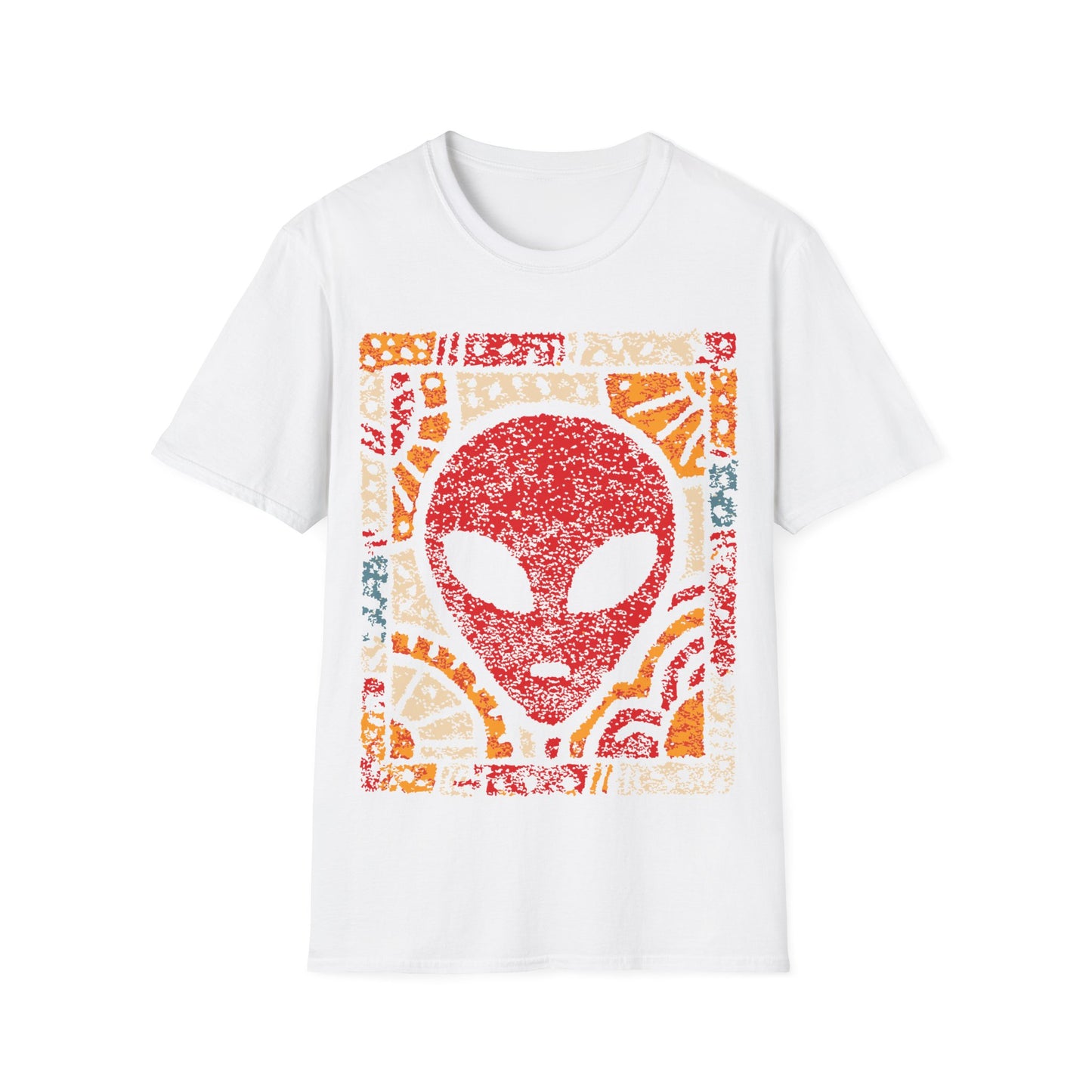 Art deco alien design with red alien face and bold geometric sunburst mosaic patterns in yellow, orange and cream on white t-shirt