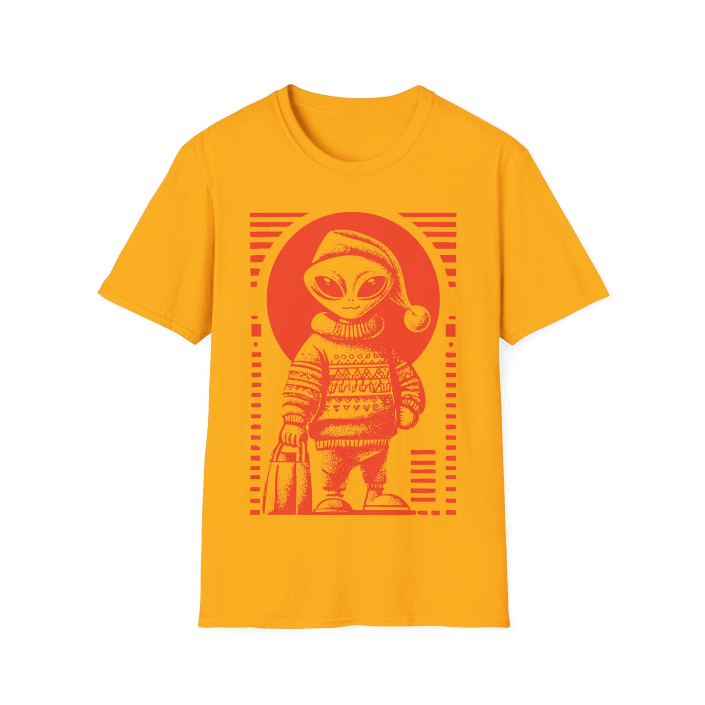 Holiday Shopper Alien t-shirt design, featuring a festive grey alien in Santa hat and patterned winter sweater carrying a shopping bag in bold illustration on a yellow background