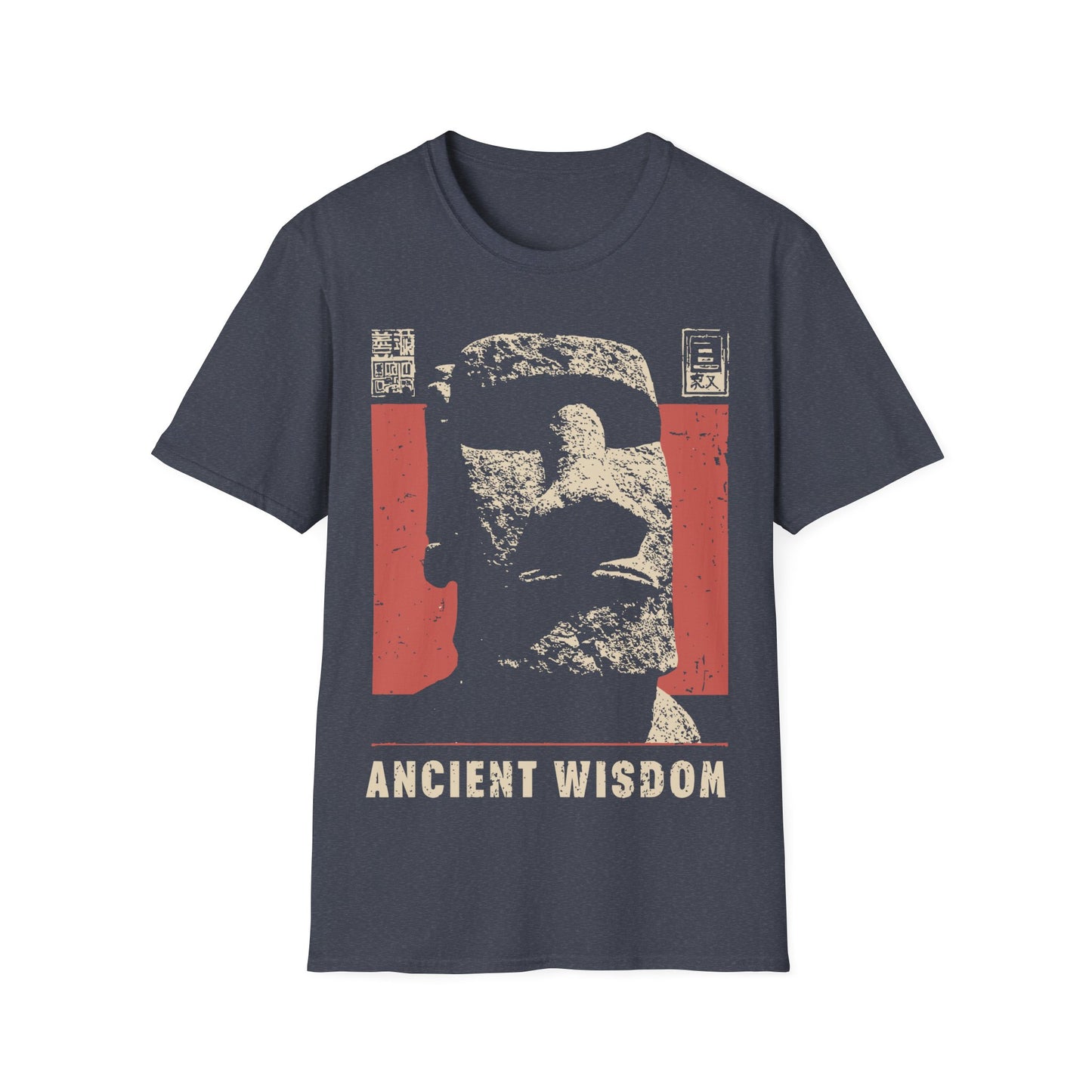 Ancient Wisdom t-shirt design, featuring a weathered Moai stone head in a distressed vintage poster style with Japanese inspired text elements with a 'Ancient Wisdom' text on a dark grey background