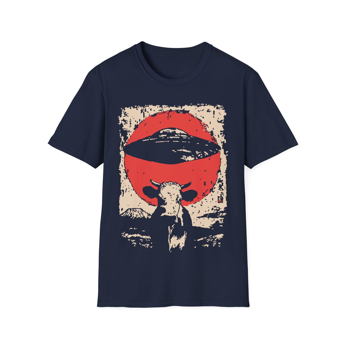 UFO Cow Abduction Red Sun t-shirt design, featuring a longhorn cow silhouette beneath a hovering flying saucer and oversized red sun in a distressed vintage sci-fi illustration on a navy blue background