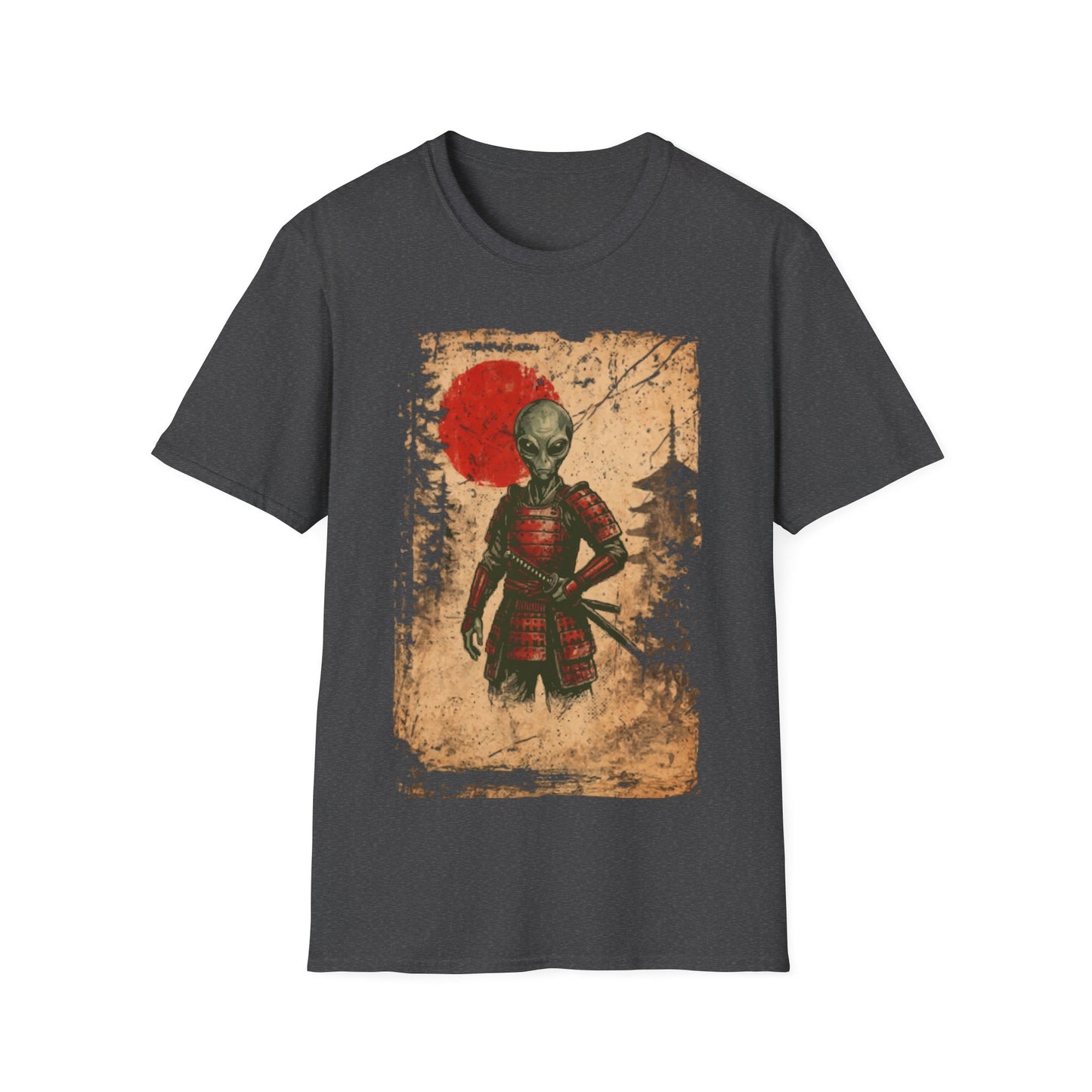 Alien Samurai t-shirt design, featuring a grey alien warrior in red samurai armor with a sheathed katana against a distressed parchment style background with a red sun behind it on a dark grey background