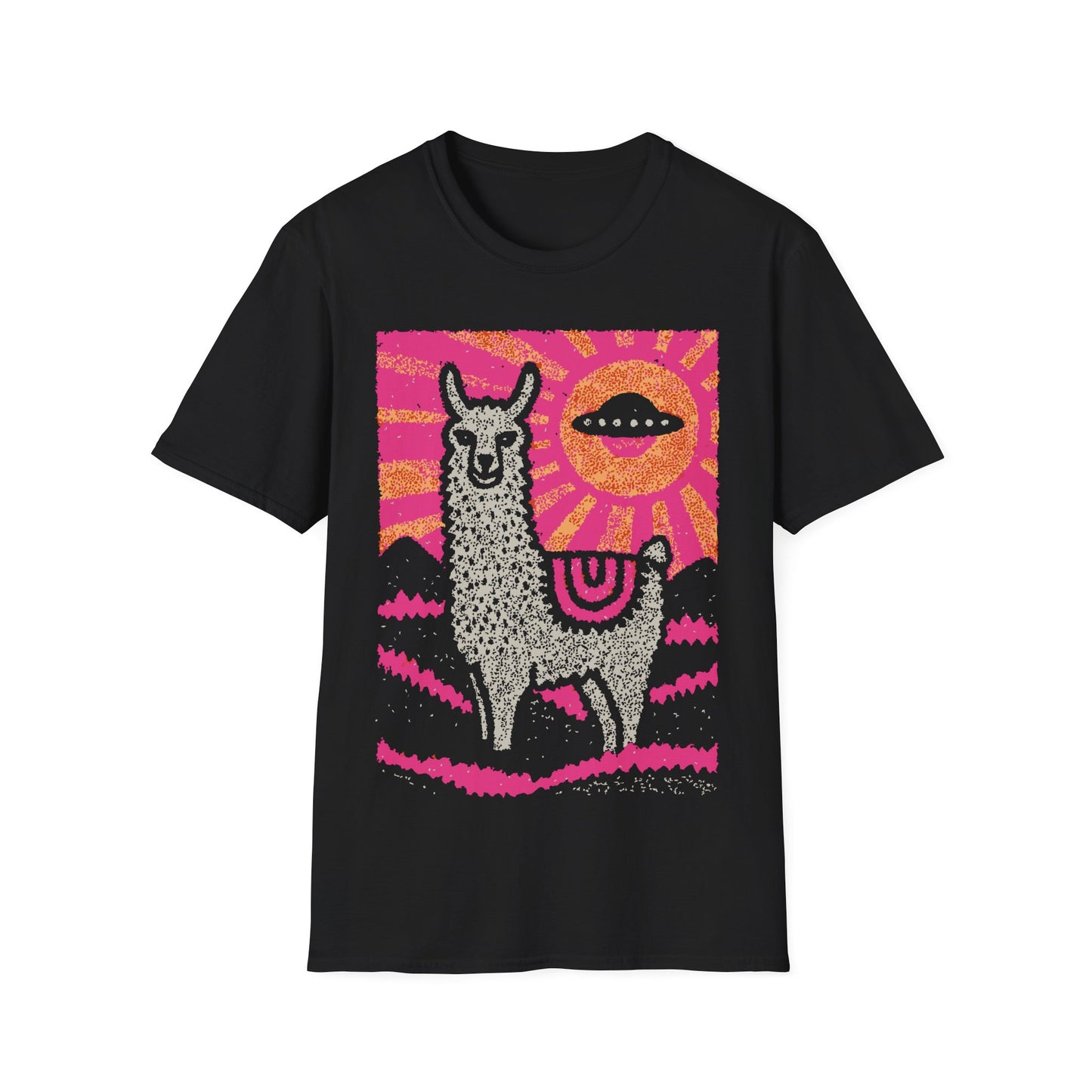 Alpaca UFO design with cute alpaca in pink pop art landscape and flying saucer sun in the sky on black t-shirt