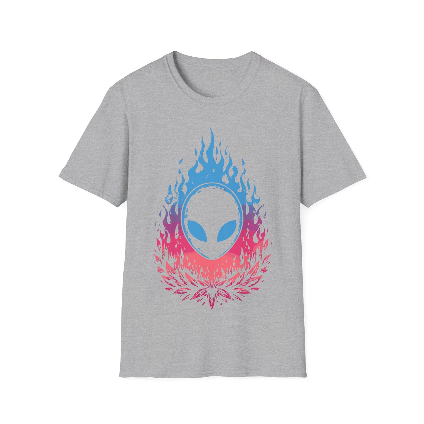 Alien Flame Flower t-shirt design, featuring a black alien face with glowing blue eyes rising from blue to pink flames above a stylized pink floral burst on a sport grey background