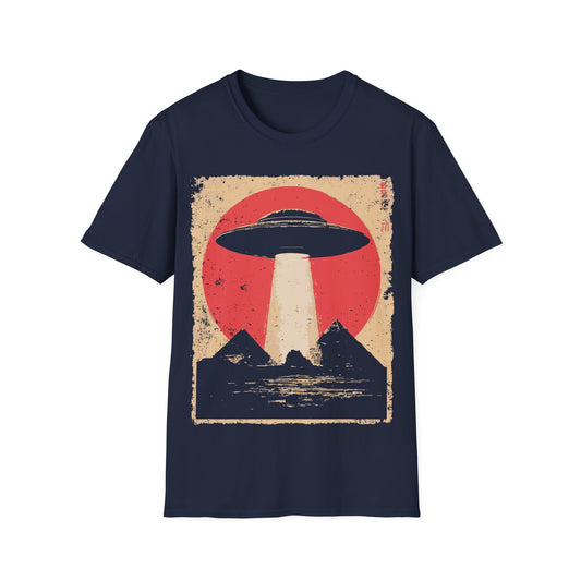 Pyramid Pickup t-shirt design, featuring a classic flying saucer casting a bright beam above two pyramids in a distressed retro sci-fi illustration with a muted red sun and navy royal blue background