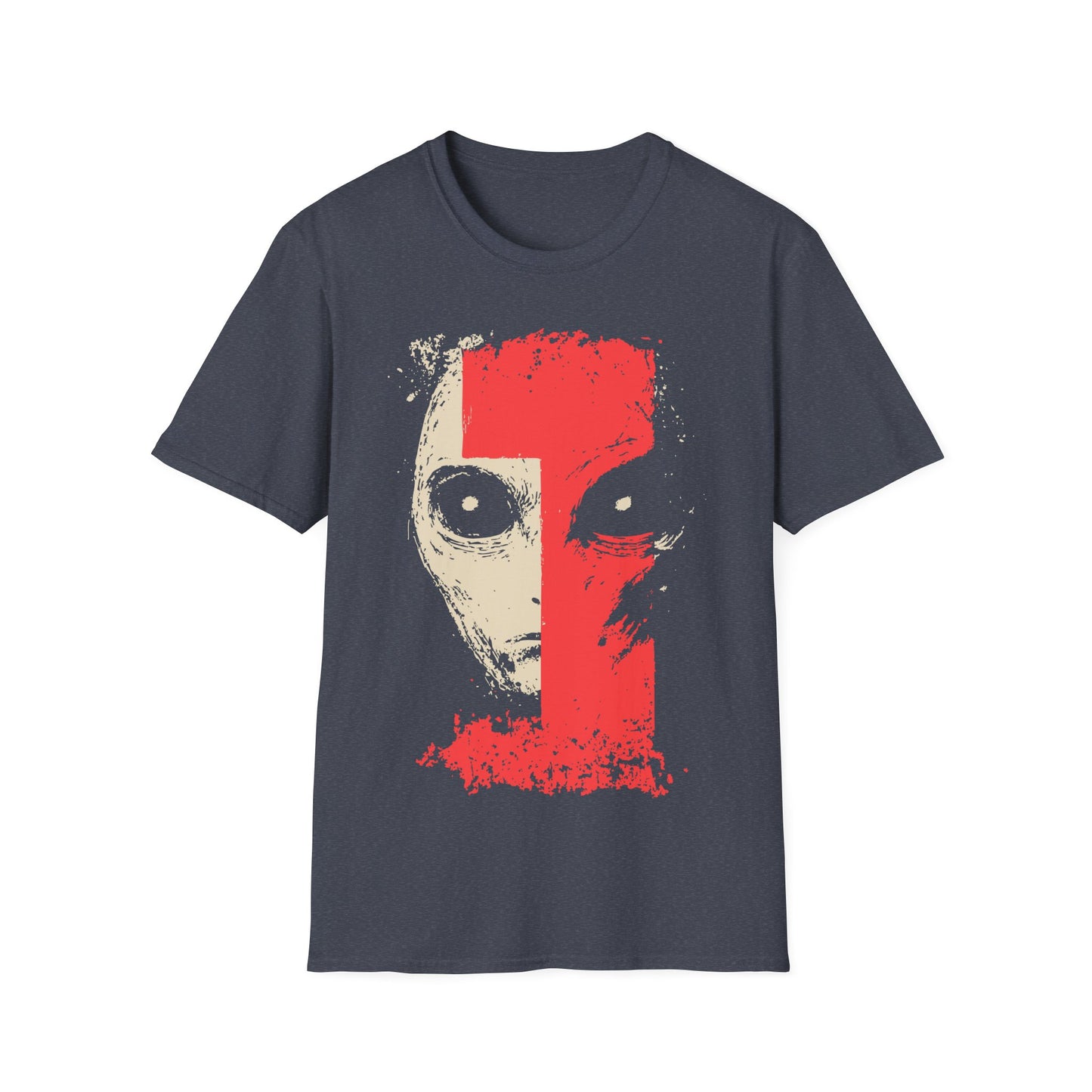 Alien Face t-shirt design, featuring a split face alien portrait in pale beige and distressed red with oversized eyes in a bold minimalist sci-fi illustration on a grey background