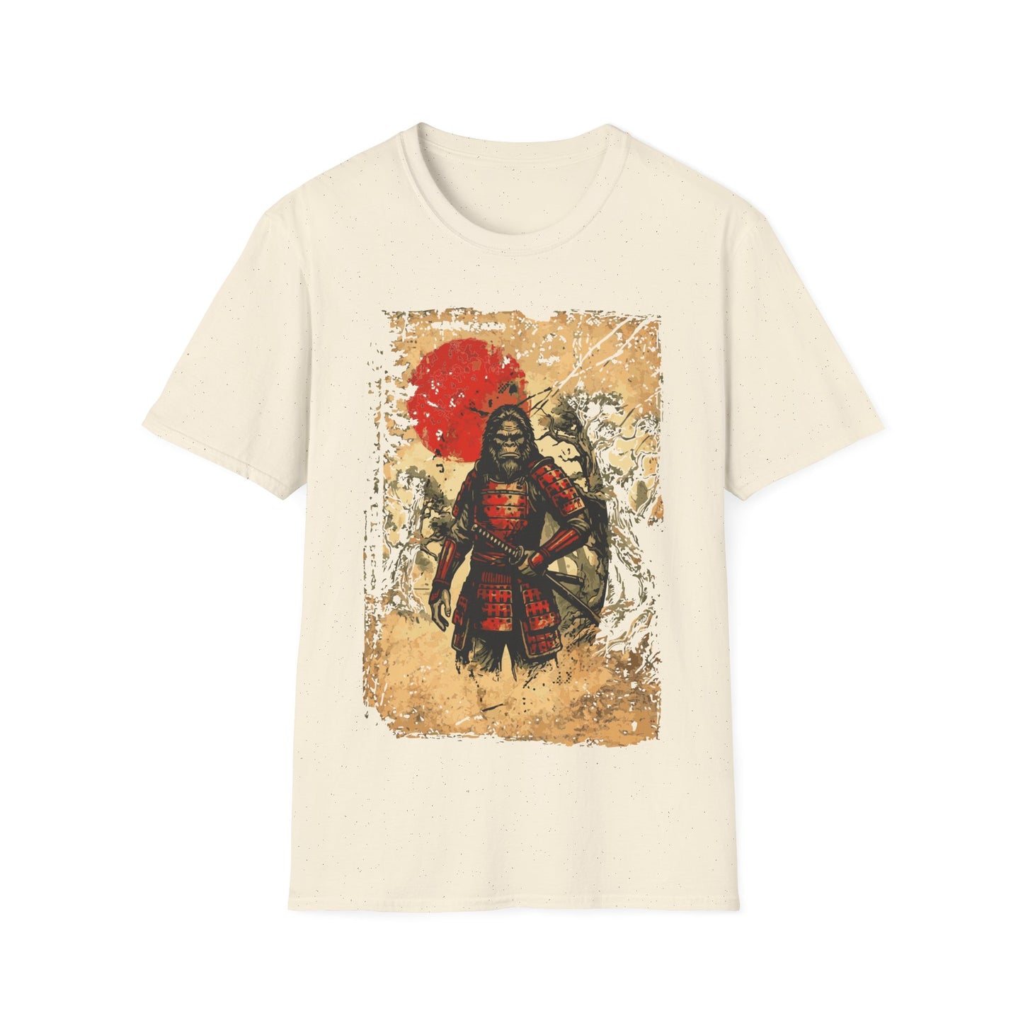 Sasquatch Samurai t-shirt design, featuring a fierce Bigfoot warrior in red samurai armor holding a katana in a haunted forest scene with a distressed parchment style background and red sun on a natural white background