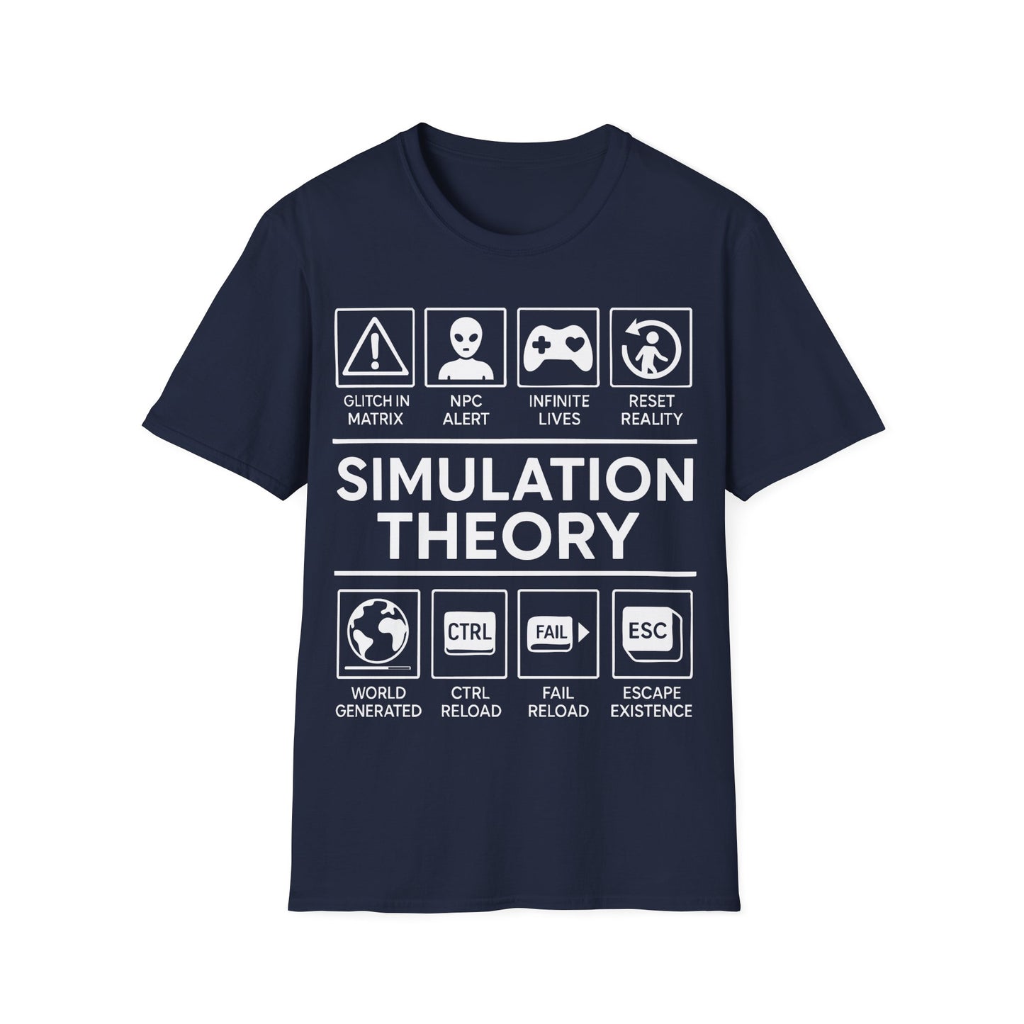 Simulation Theory t-shirt design, featuring bold white Simulation Theory lettering with glitch warning, alien head, game controller, reset icon, and digital reality-themed symbol panels in a monochrome infographic style on a navy blue background