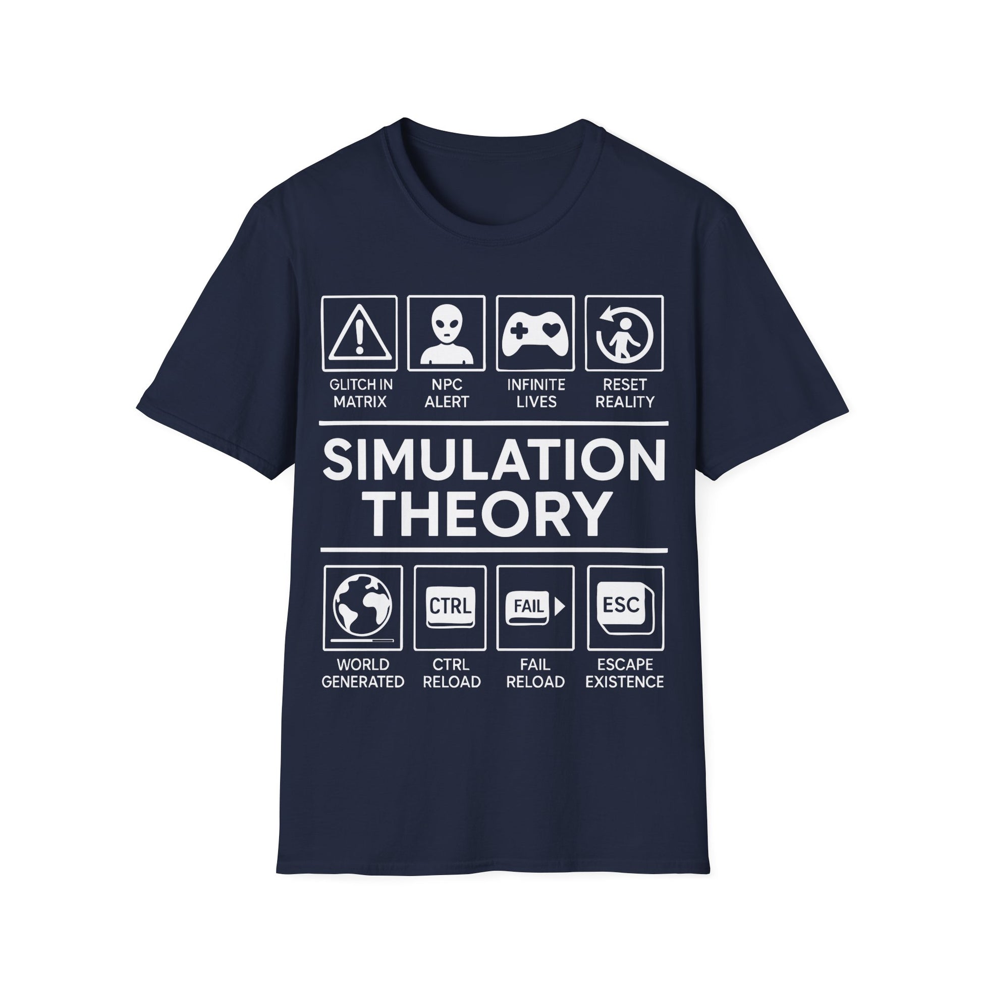 Simulation Theory t-shirt design, featuring bold white Simulation Theory lettering with glitch warning, alien head, game controller, reset icon, and digital reality-themed symbol panels in a monochrome infographic style on a navy blue background