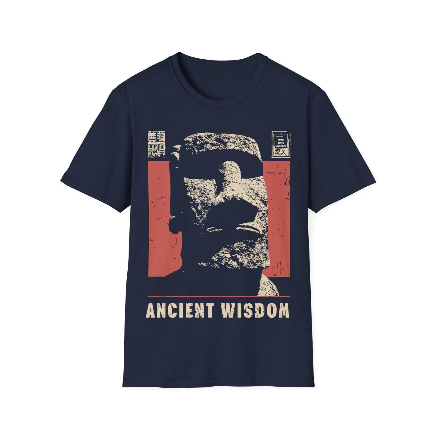 Ancient Wisdom t-shirt design, featuring a weathered Moai stone head in a distressed vintage poster style with Japanese inspired text elements with a 'Ancient Wisdom' text on a navy blue background