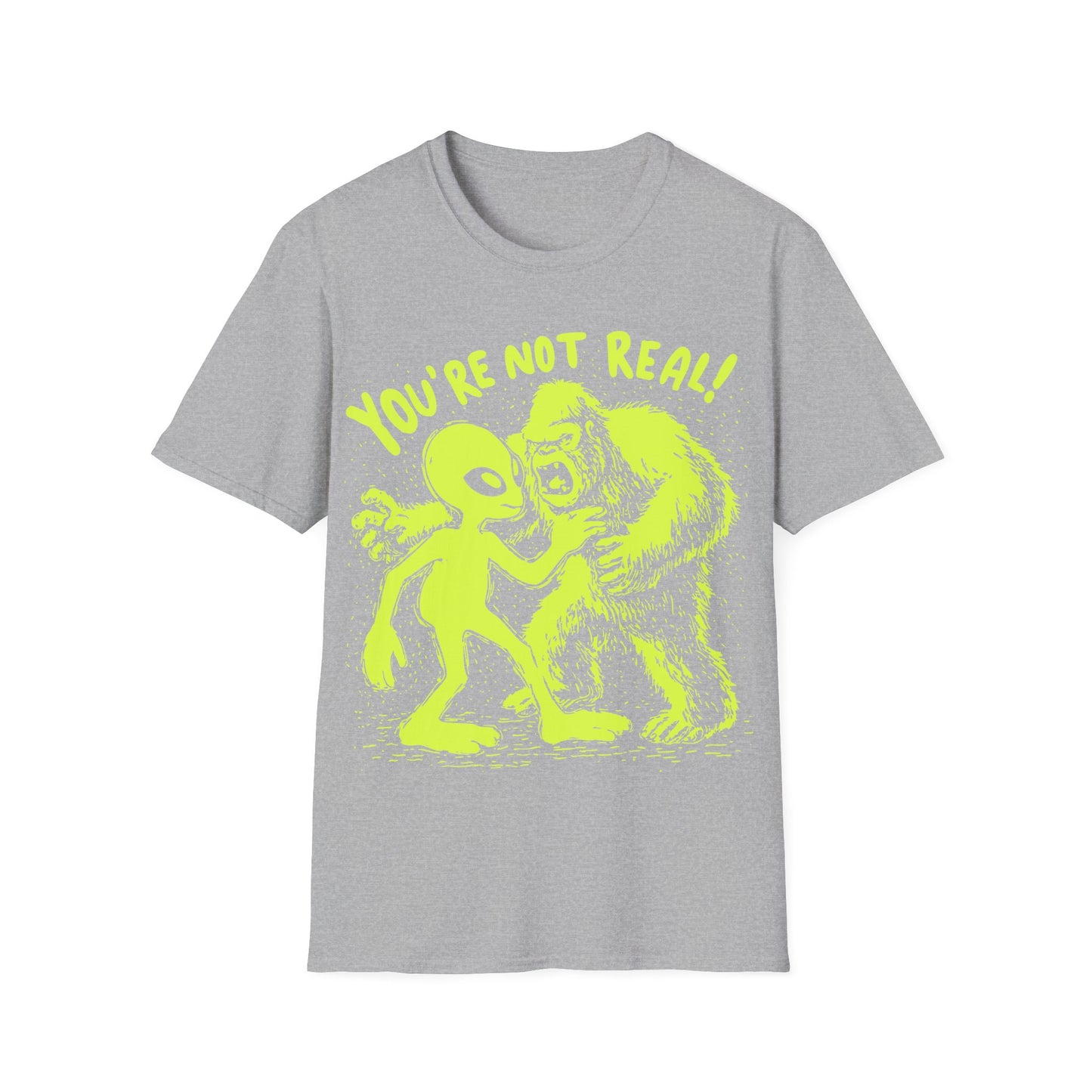 Funny alien and Bigfoot design with cartoon alien arguing with roaring sasquatch under the slogan You're Not Real on gray t-shirt
