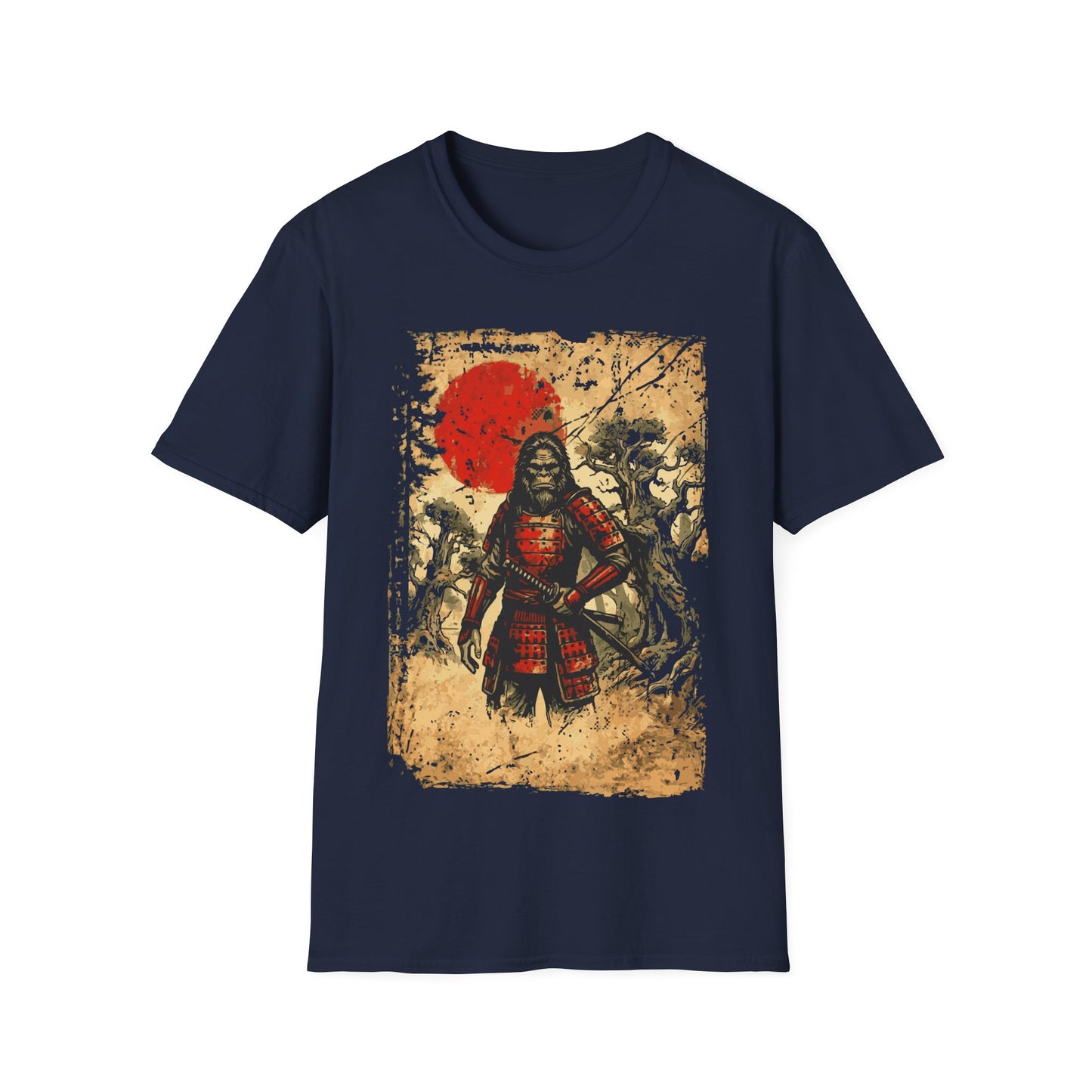 Sasquatch Samurai t-shirt design, featuring a fierce Bigfoot warrior in red samurai armor holding a katana in a haunted forest scene with a distressed parchment style background and red sun on a royal blue background