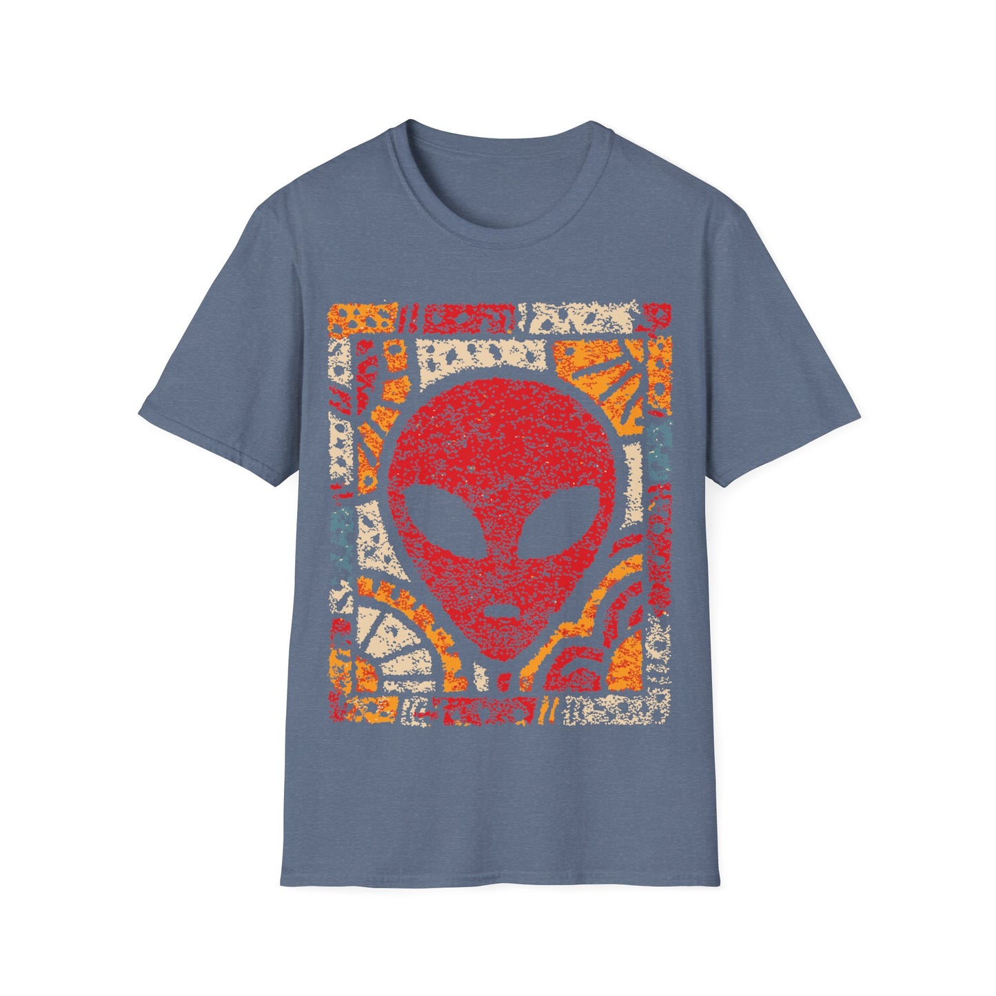 Art deco alien design with red alien face and bold geometric sunburst mosaic patterns in yellow, orange and cream on gray t-shirt