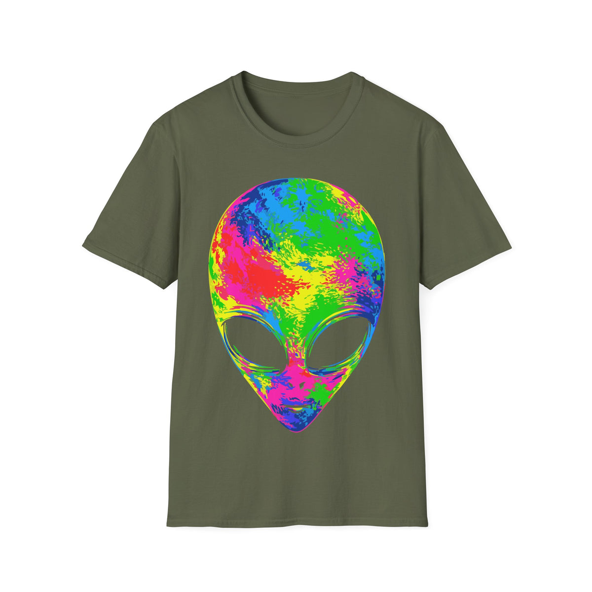 Pop Art Alien t-shirt design, featuring a large alien face filled with vivid neon pink, yellow, green, and blue colors with oversized black eyes in a bold psychedelic pop art style on a military green background