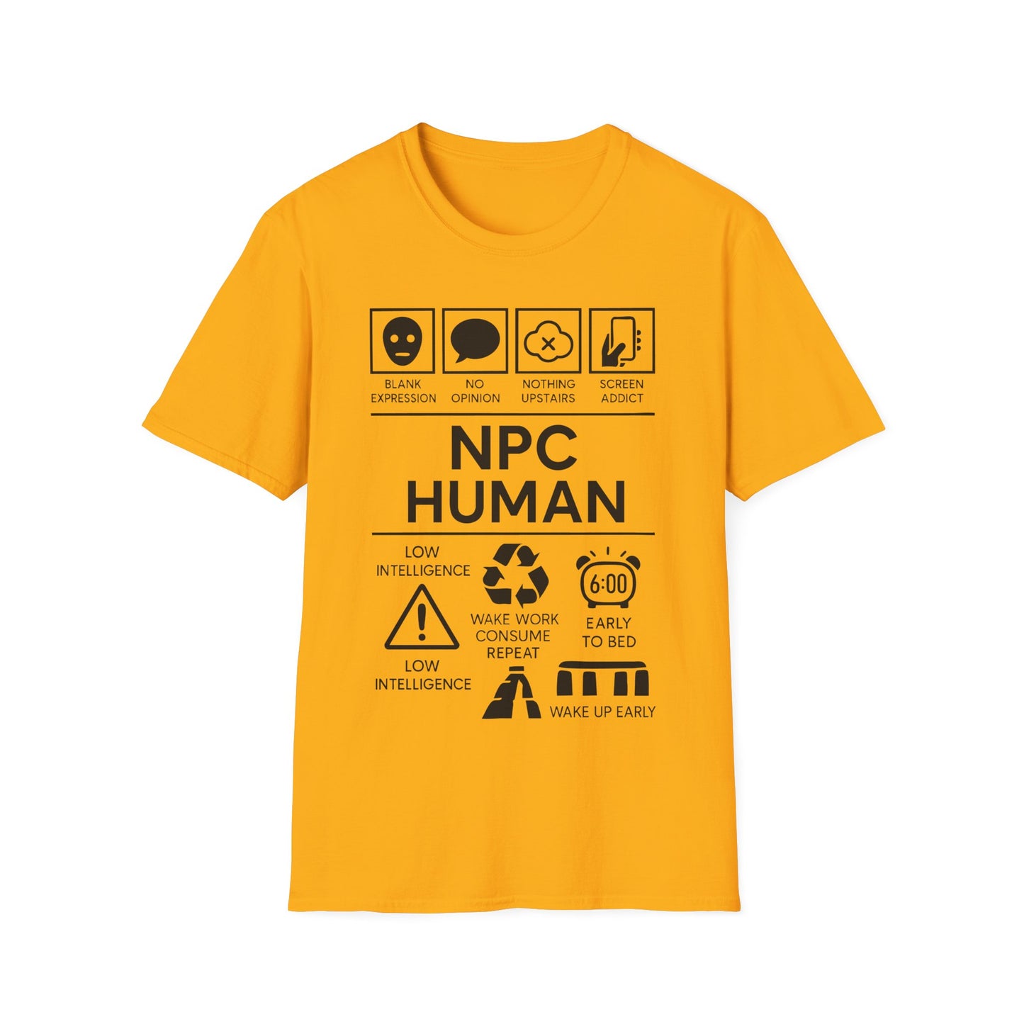 NPC Human Icon Based t-shirt design, featuring bold white NPC Human lettering with blank face, speech bubble, phone, warning symbol, alarm clock, and satirical human-behavior icon panels in a monochrome infographic style on a yellow background