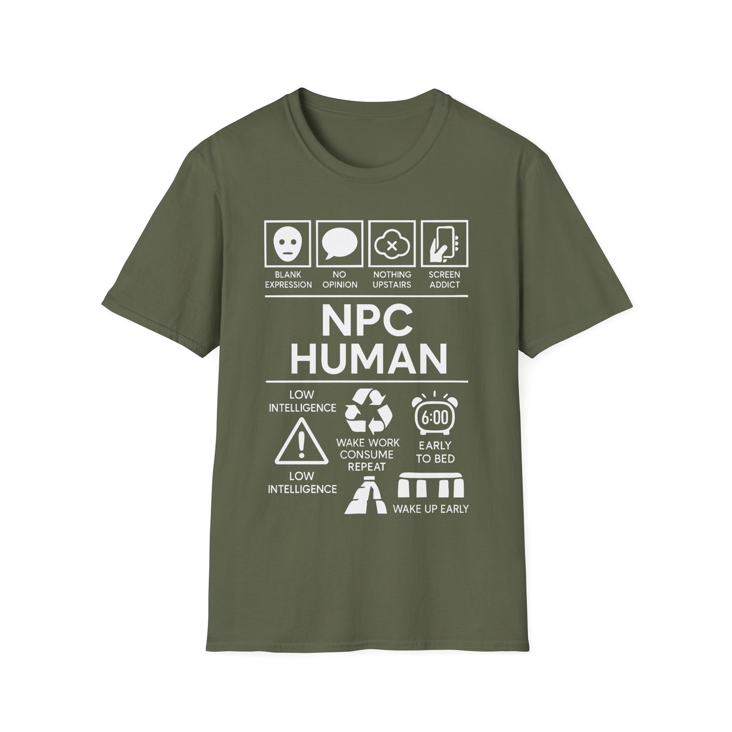 NPC Human Icon Based t-shirt design, featuring bold white NPC Human lettering with blank face, speech bubble, phone, warning symbol, alarm clock, and satirical human-behavior icon panels in a monochrome infographic style on a military green background