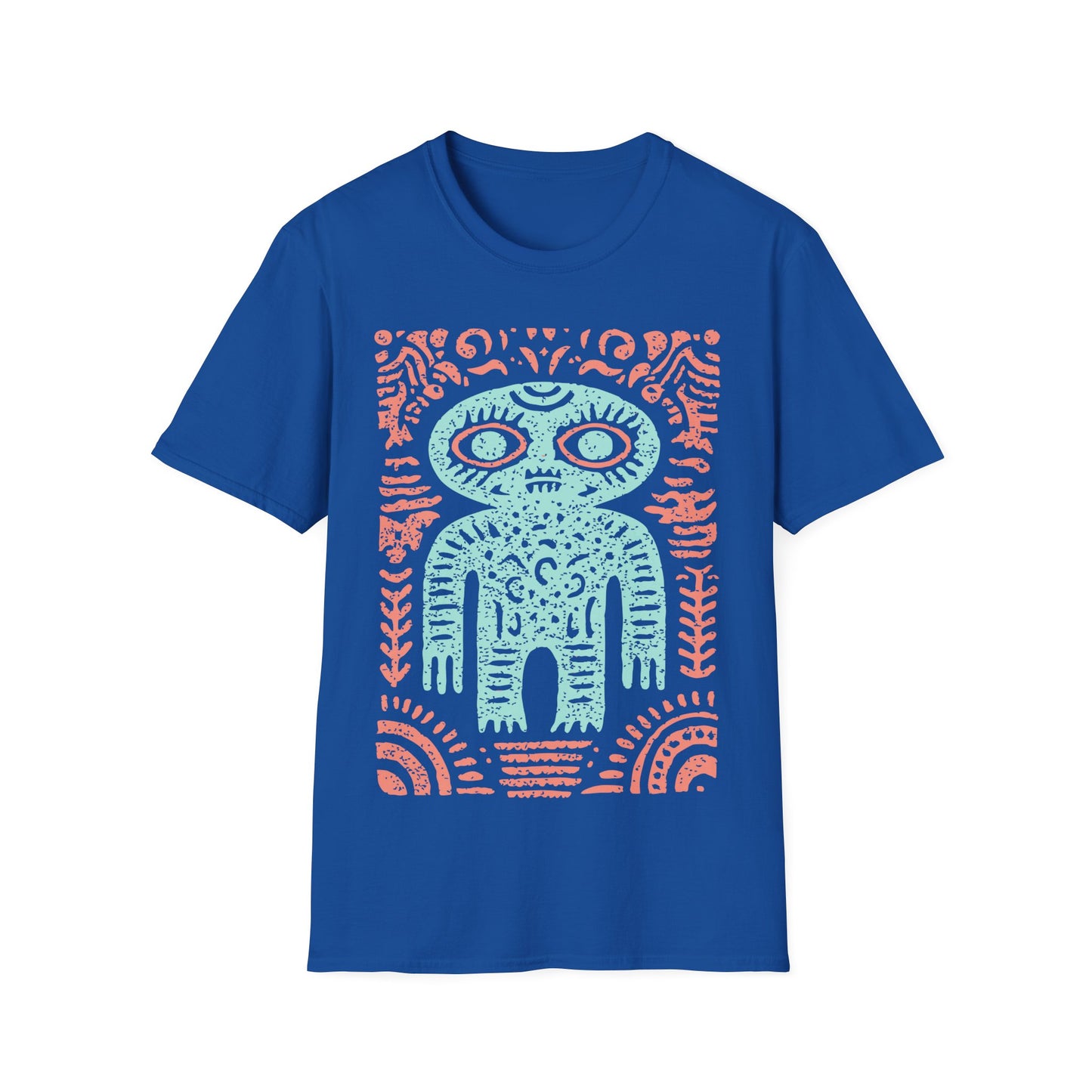 Ancient alien glyph t-shirt design with turquoise Inca-style alien figure and coral tribal patterns on blue t-shirt