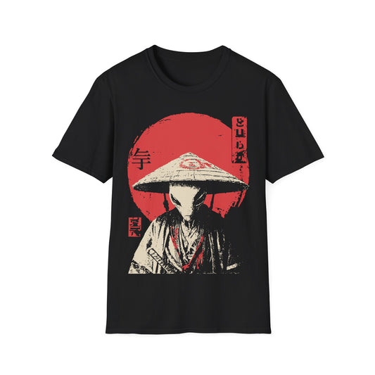 Alien Samurai - Wabi Sabi t-shirt design, showing a stoic alien in a traditional robe and wide straw hat with a sword at its side, rendered in a vintage Japanese poster style with cream and red tones against a rising sun on a black background