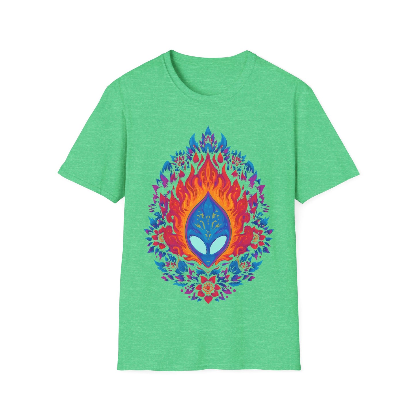 Flaming Alien Mask Floral t-shirt design, featuring a blue alien mask surrounded by vivid orange flames and bright pink, purple, and blue floral elements in a symmetrical psychedelic illustration on a heather irish green background