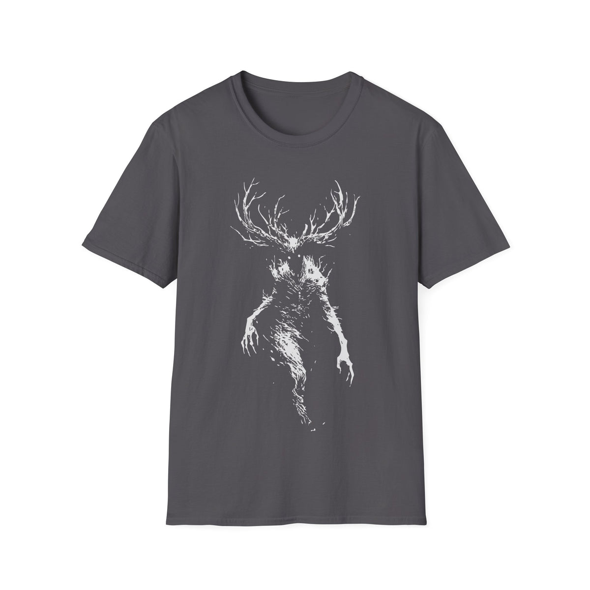 Wendigo Scary t-shirt design, featuring a towering antlered Wendigo with glowing eyes, skeletal limbs, and a shadowy distorted body in a stark distressed white silhouette on a charcoal grey background