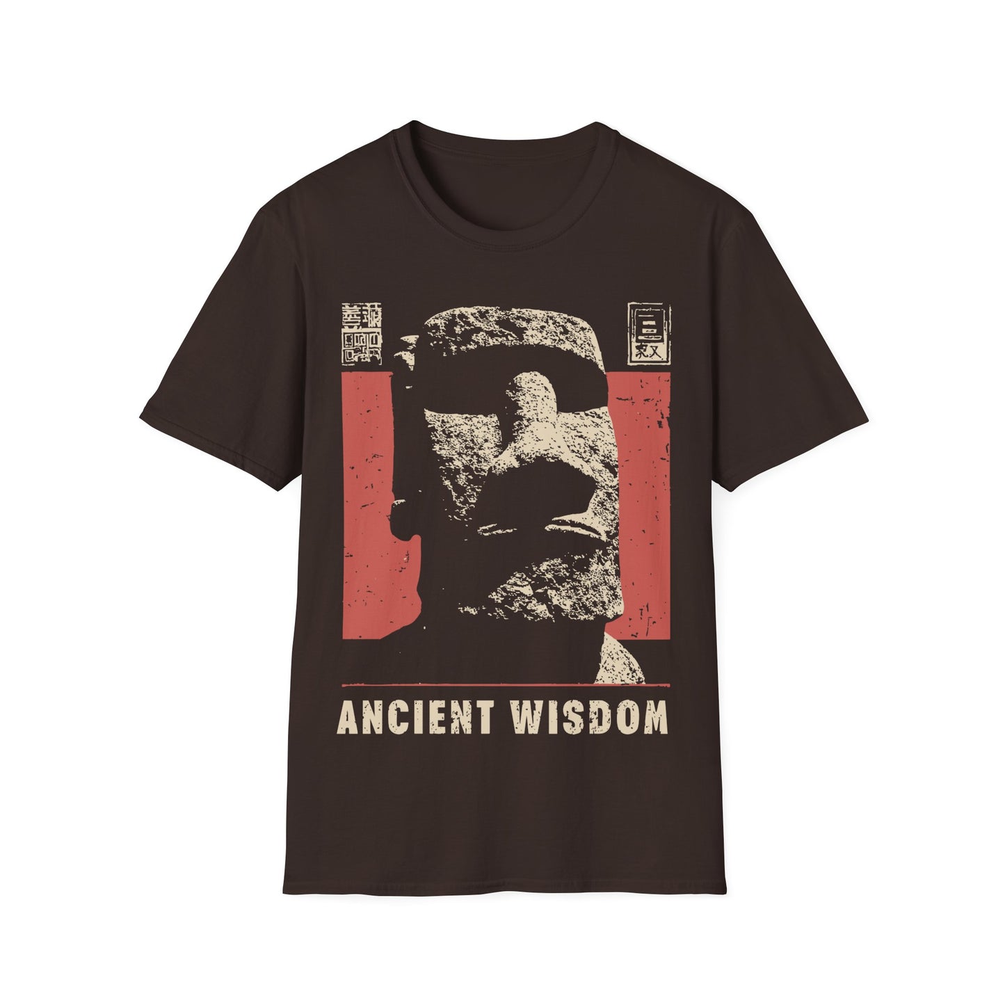 Ancient Wisdom t-shirt design, featuring a weathered Moai stone head in a distressed vintage poster style with Japanese inspired text elements with a 'Ancient Wisdom' text on a dark chocolate brown background