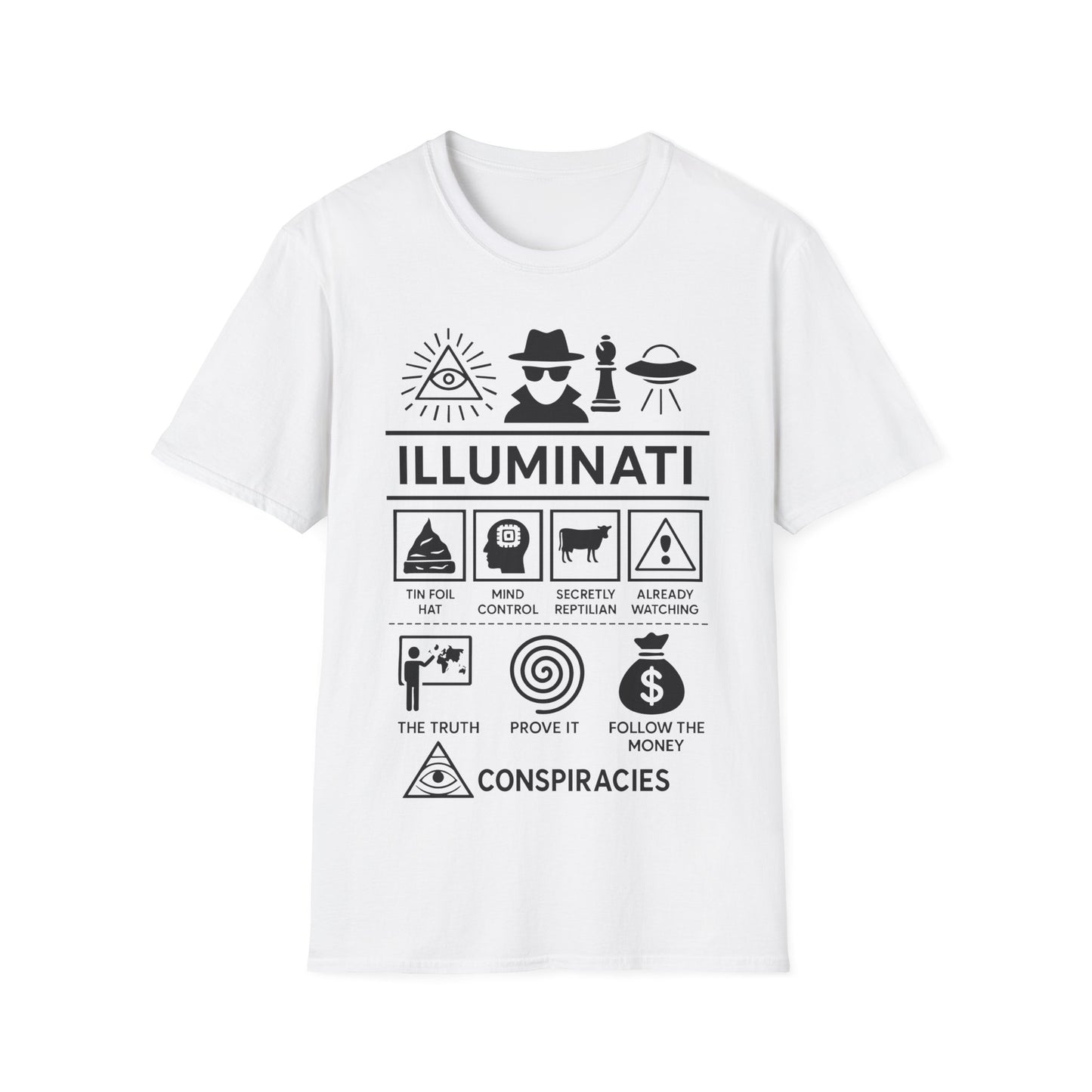 Illuminati Icon Based t-shirt design, featuring bold white Illuminati lettering with all-seeing eye, secret figure, UFO, and humorous conspiracy-themed icon panels in a monochrome infographic style on a white background