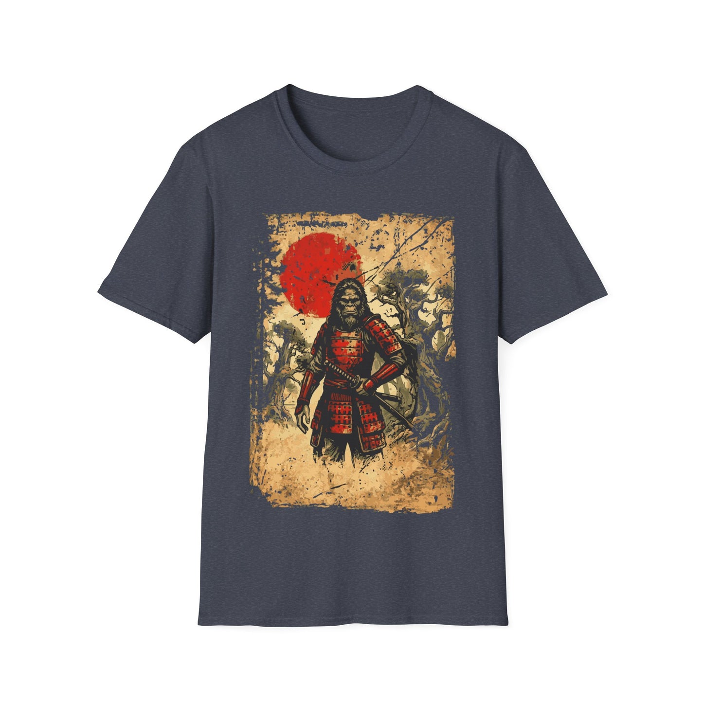 Sasquatch Samurai t-shirt design, featuring a fierce Bigfoot warrior in red samurai armor holding a katana in a haunted forest scene with a distressed parchment style background and red sun on a grey background