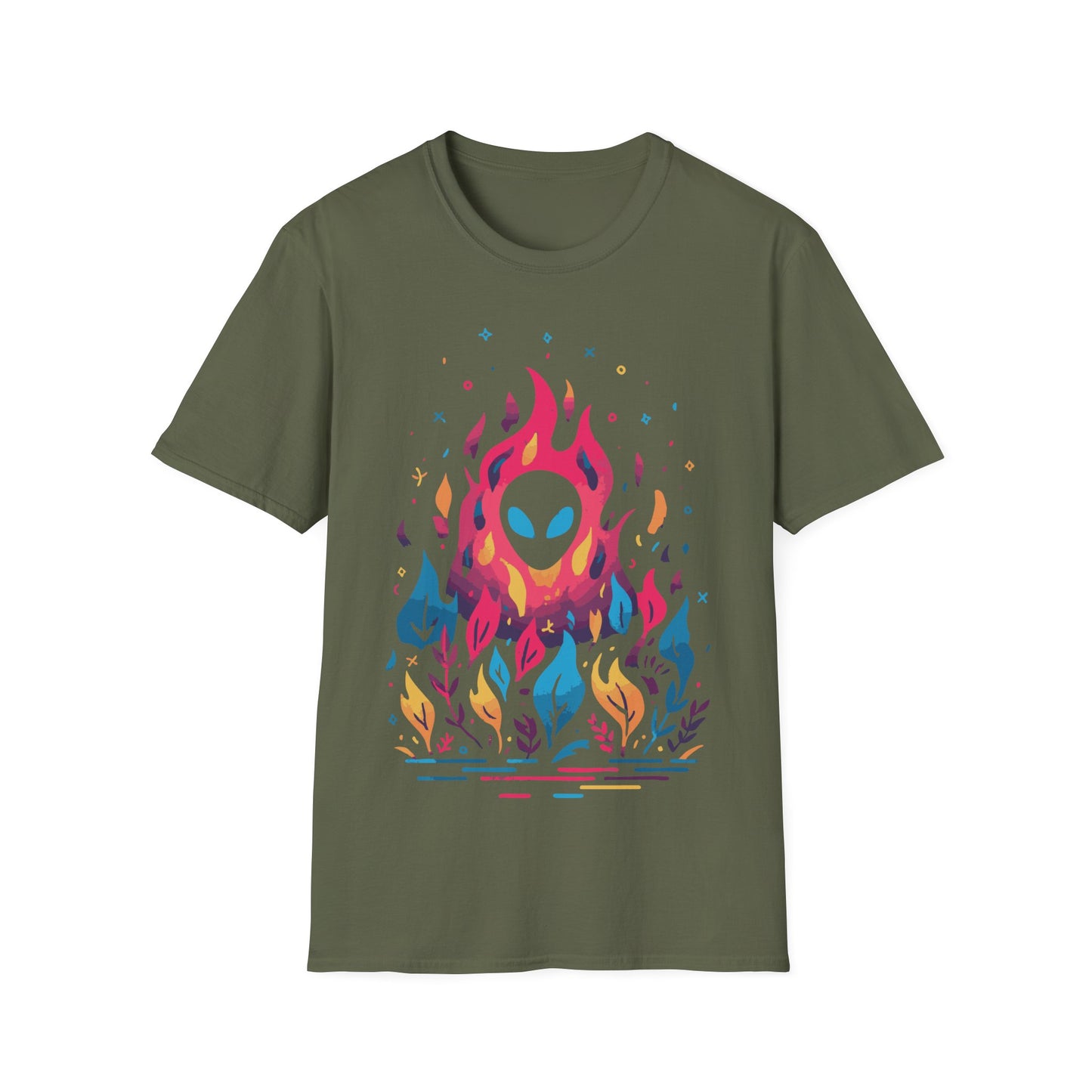 Neon Alien Fire and Botanicals t-shirt design, featuring an alien face with glowing blue eyes emerging from vivid pink flames surrounded by colorful blue, yellow, and purple botanical elements on a military green background