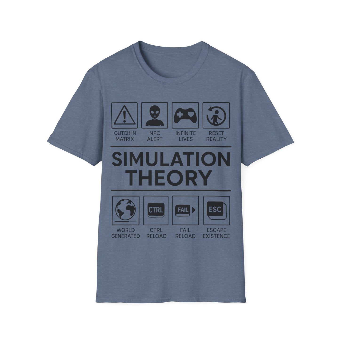Simulation Theory t-shirt design, featuring bold white Simulation Theory lettering with glitch warning, alien head, game controller, reset icon, and digital reality-themed symbol panels in a monochrome infographic style on a heather indigo background