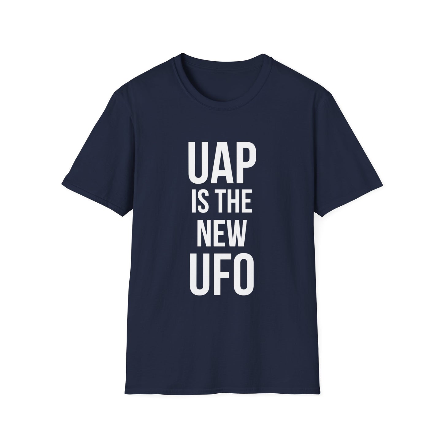 UAP Is the New UFO t-shirt design, featuring bold stacked typography reading “UAP IS THE NEW UFO” in a clean minimalist text based layout on a navy blue background
