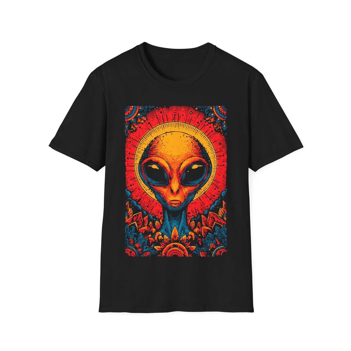 Alien Sun God Portrait t-shirt design, featuring a glowing orange alien face with halo-like sun rays and vivid blue, red, and gold ornamental patterns in a bold psychedelic illustration on a black background