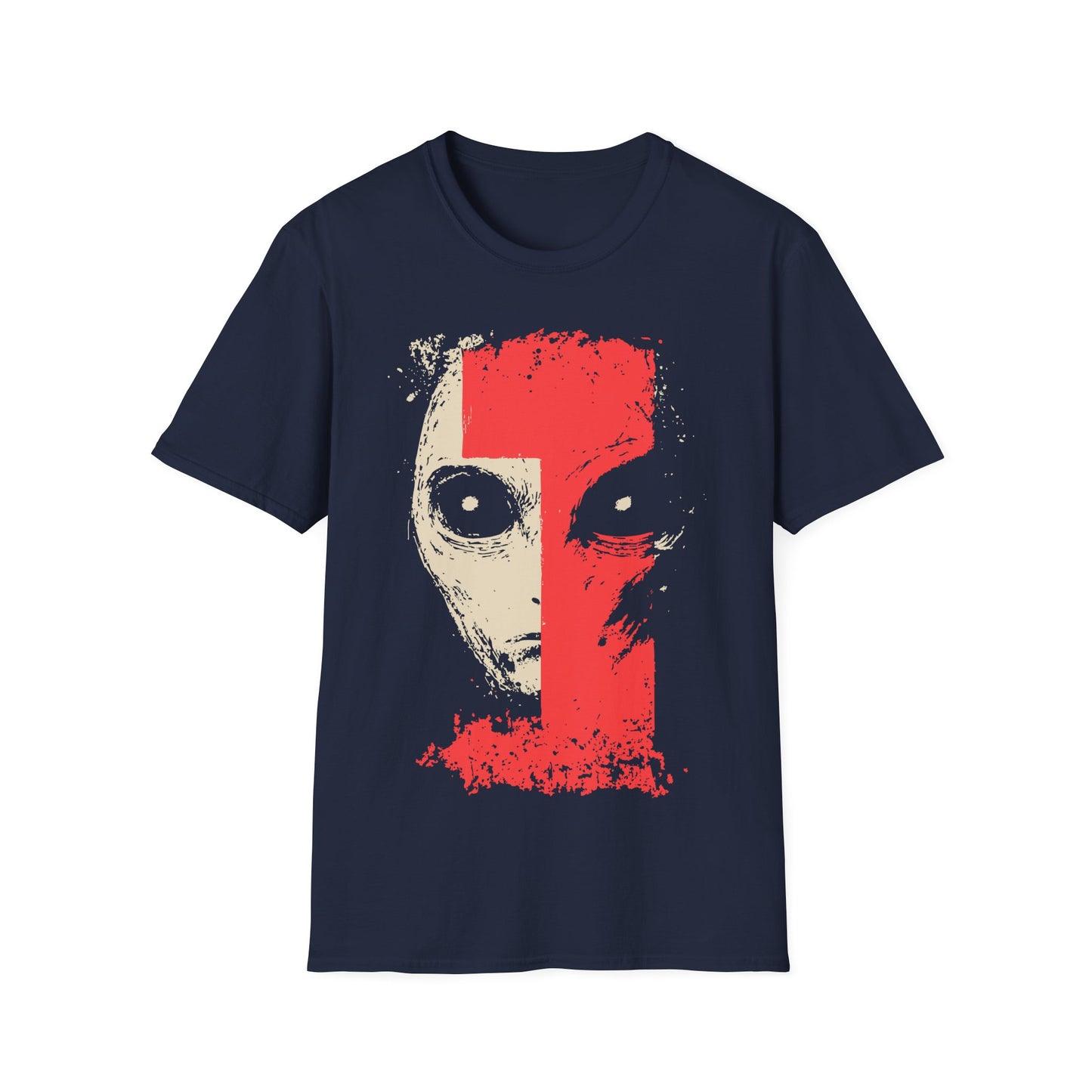 Alien Face t-shirt design, featuring a split face alien portrait in pale beige and distressed red with oversized eyes in a bold minimalist sci-fi illustration on a navy blue background